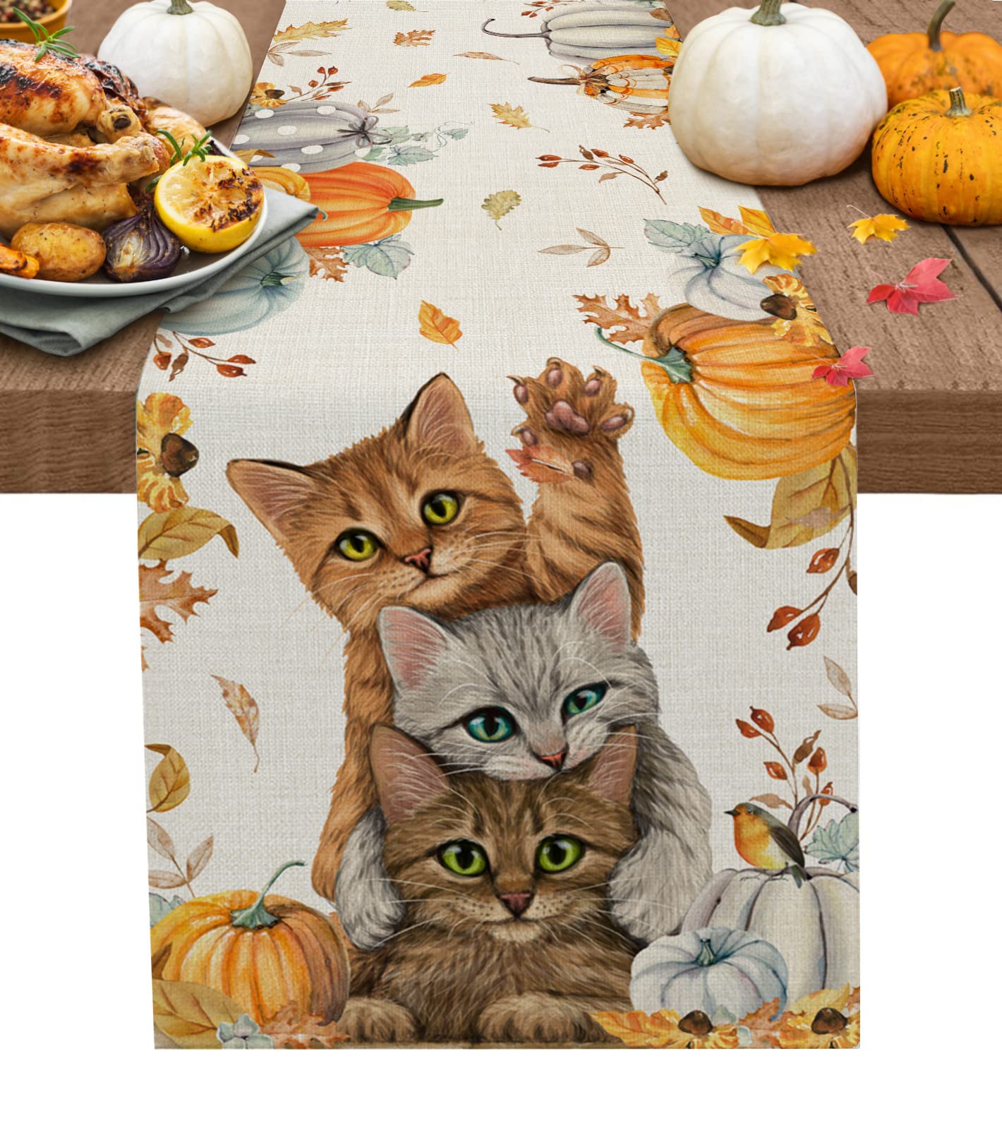 72 Inch Cotton Linen Table Runner - Thanksgiving & Fall Farmhouse Decor with Pumpkin Cats & Maple Leaf Design for Dining Table, Coffee Table, Wedding Party | Rustic Burlap Kitchen & Home Decoration Scarf