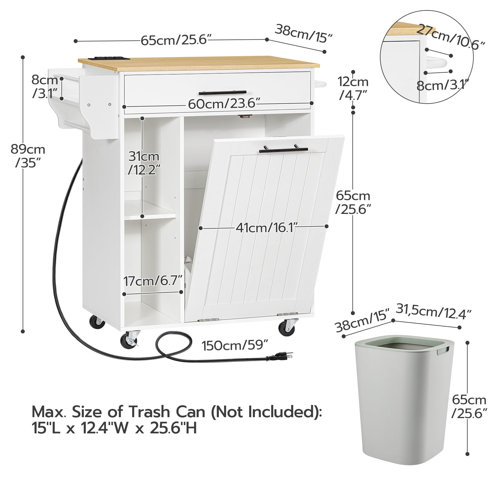 HOOBRO White and Natural Kitchen Island with Trash Can Storage, Rolling Mobile Kitchen Cart on Wheels with Power Outlet - Fits 10 Gallon Garbage Bin | Perfect for Small Kitchens, Apartments & Home Organization