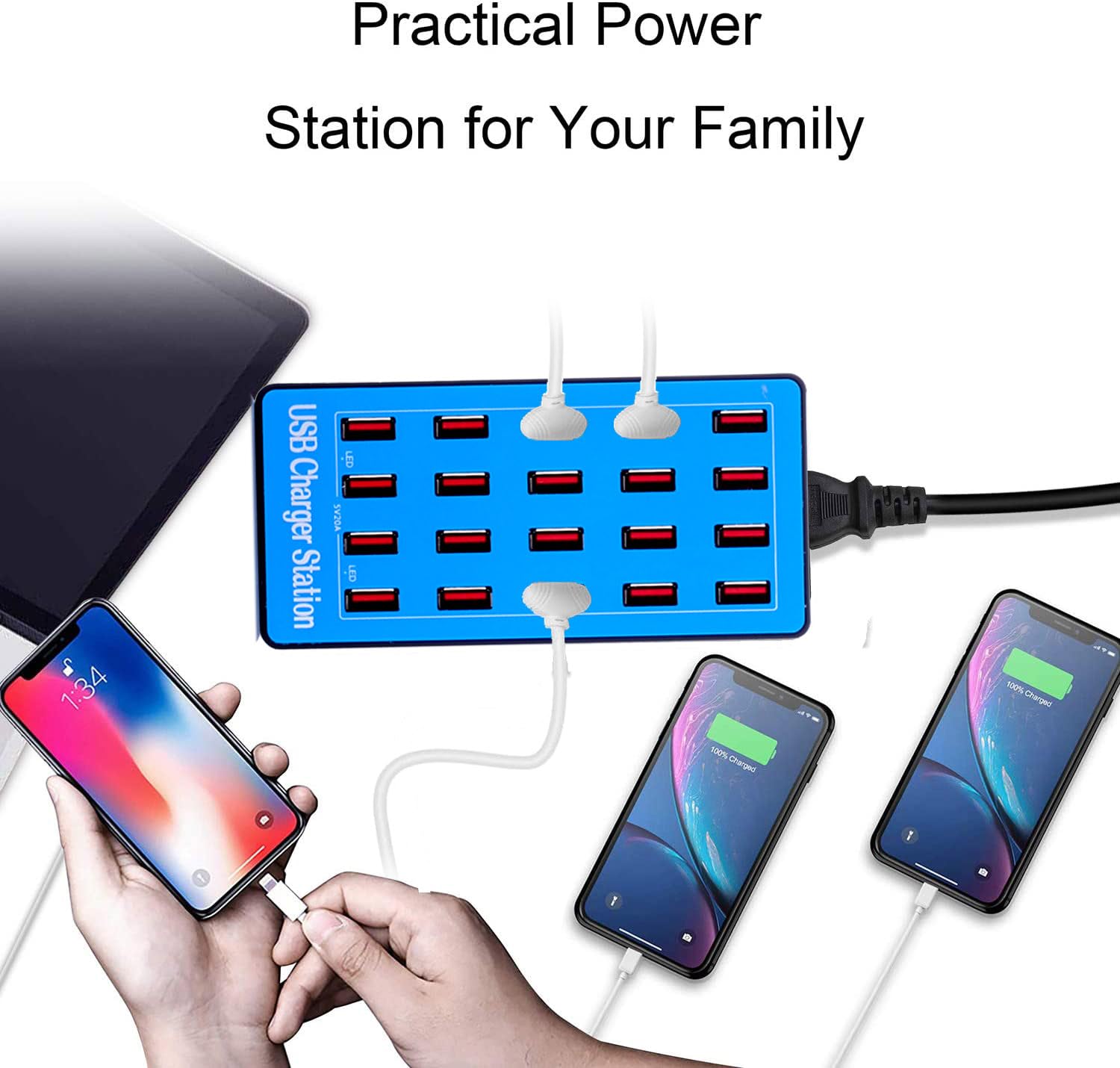 20-Port 100W USB Charging Station - MaxLax Multi-Port Fast Charger for iPhone, Android, iPad, Tablets & Smartphones - Perfect for Home, Office & Travel Use