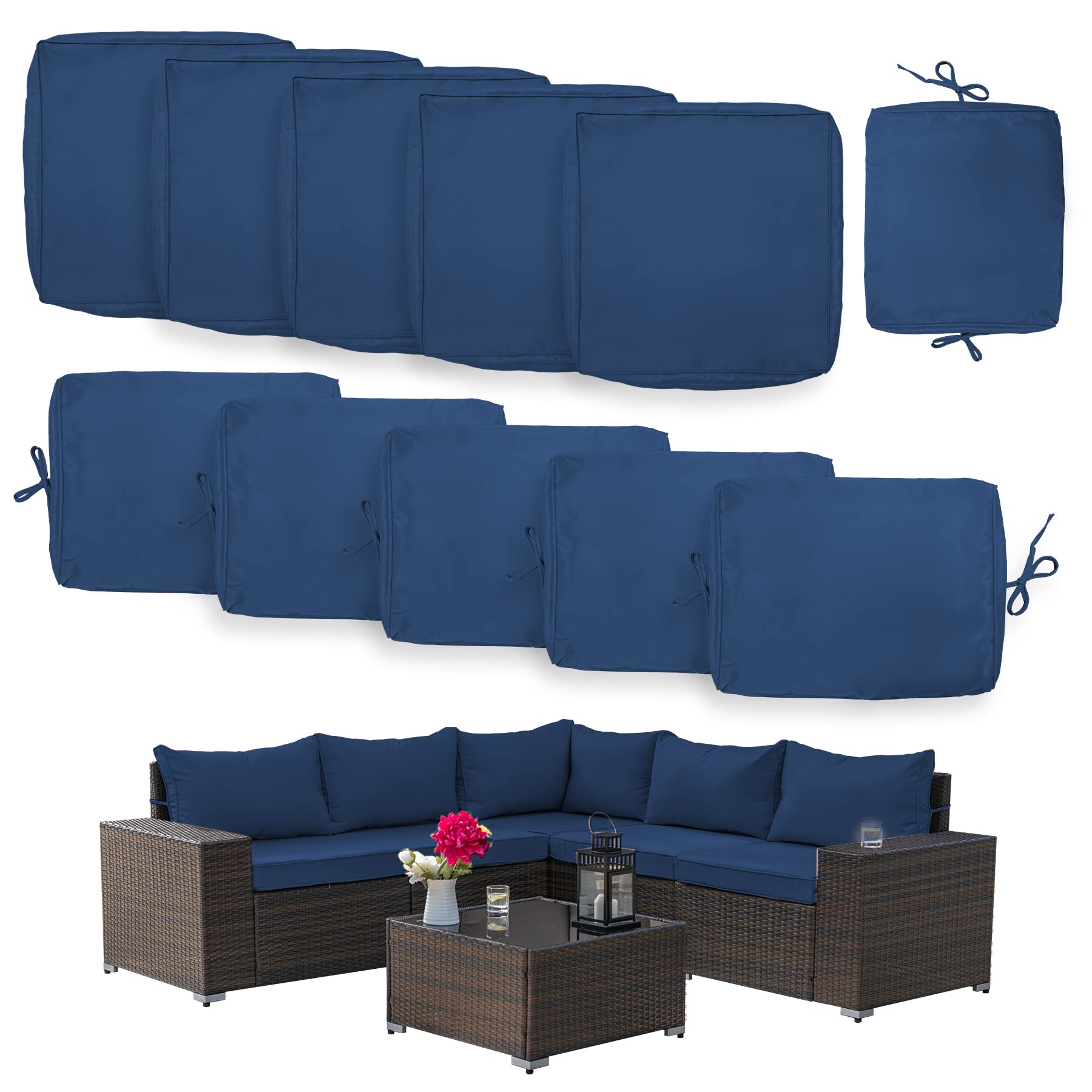 11-Piece Outdoor Cushion Covers Set - Waterproof Patio Furniture Replacement Slipcovers for Sofa, Chair & Back Pillows (Navy Blue) - Perfect for Garden, Deck, Poolside & Outdoor Lounge