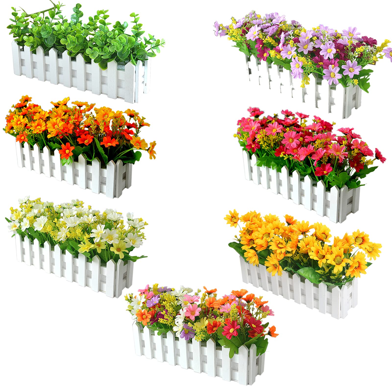 Artificial Flowers in Picket Fence Pot - Fake Jumping Orchid Chrysanthemum Plants - Mini Potted Plants for Indoor Farmhouse Wedding Home Office Decor (Rose Red) - Perfect for Table Centerpieces, Shelf Displays & Gift Giving
