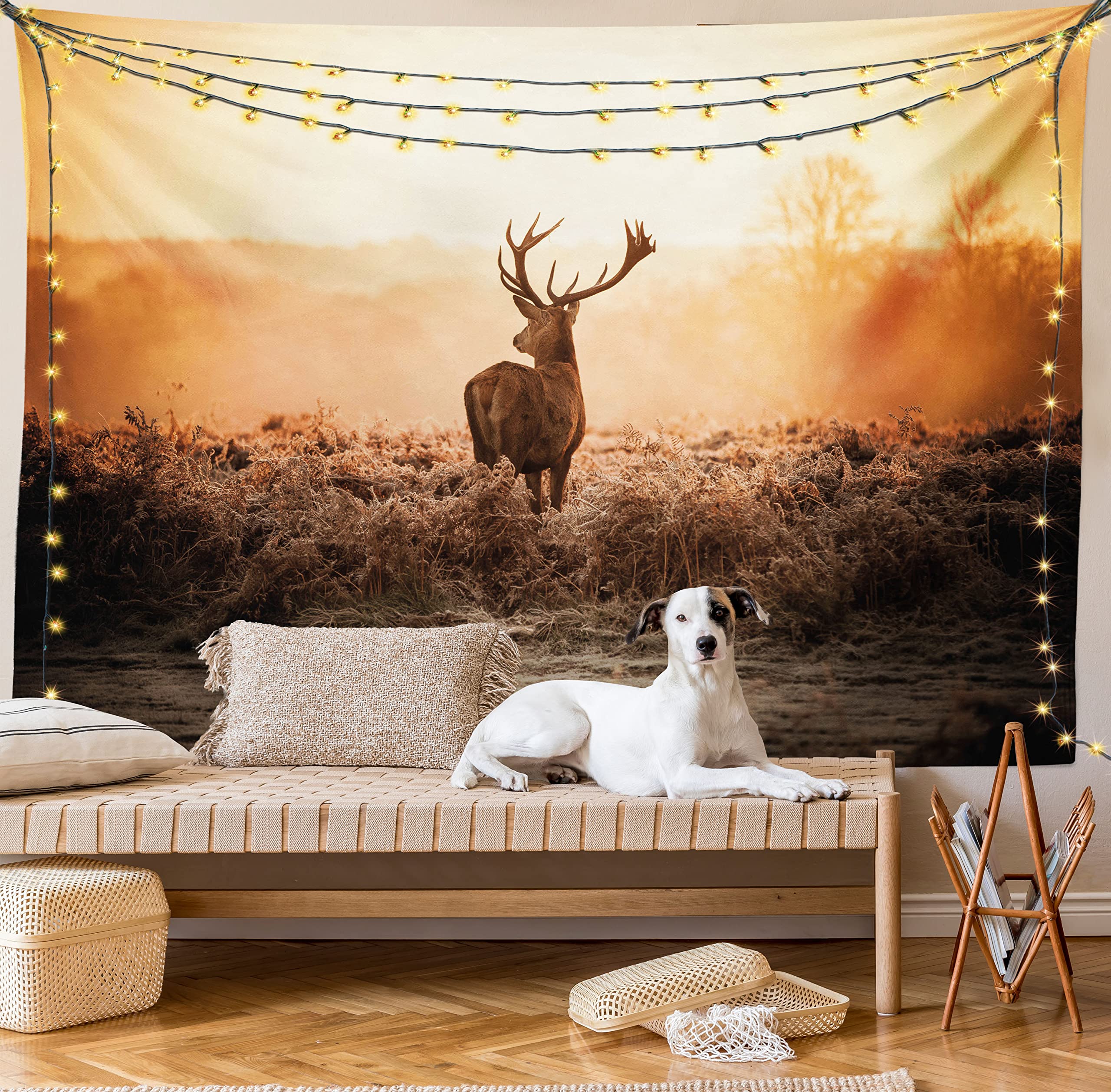 Ambesonne Hunting Tapestry - Red Deer in Morning Sun Wilderness Nature Scenery Wall Art Decor for Bedroom, Living Room, Dorm | 28x23 Inch Brown Orange Fabric Hanging | Perfect for Cabin, Lodge, Hunting Cabin & Rustic Home Decor