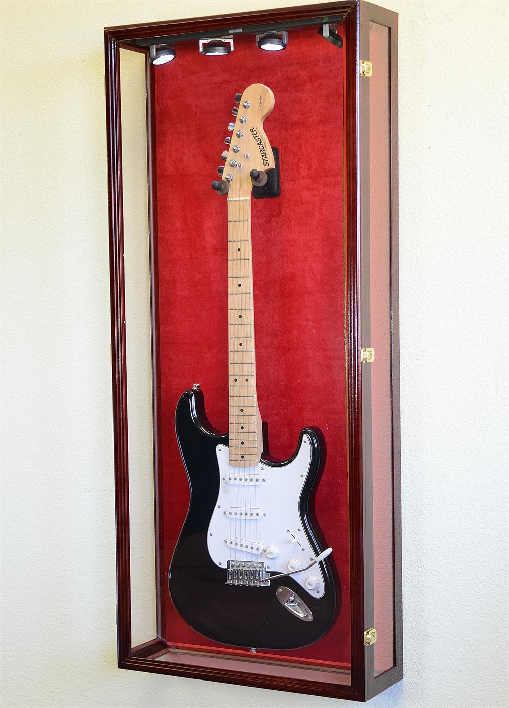 Premium Clear Acoustic Electric Guitar Display Case - Fender Cabinet Rack Holder with Cherry Finish & Red Background - Perfect for Home, Studio & Music Store Showcases