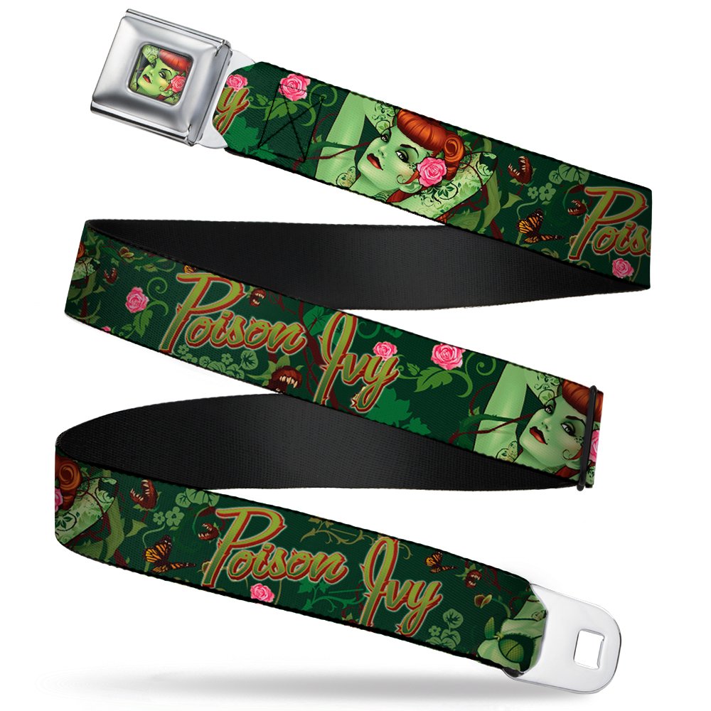 Buckle-Down Seatbelt Belt - Poison Ivy Bombshell Design in Green & Red - 1.0 Inch Wide Adjustable (20-36 Inches) - Stylish Fashion Accessory for Cosplay, Comic Con & Everyday Wear