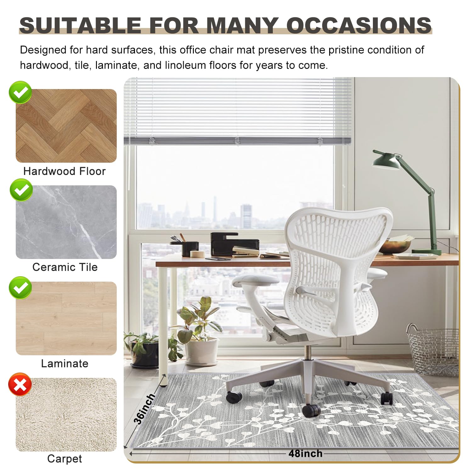 36x48 Office Chair Mat for Hardwood Floors - Non-Slip Rug Protector for Rolling Chairs | Computer Desk Mat with Low-Pile Design for Home & Office Use | Perfect for Workspaces, Gaming Setups & Study Areas (Gray)