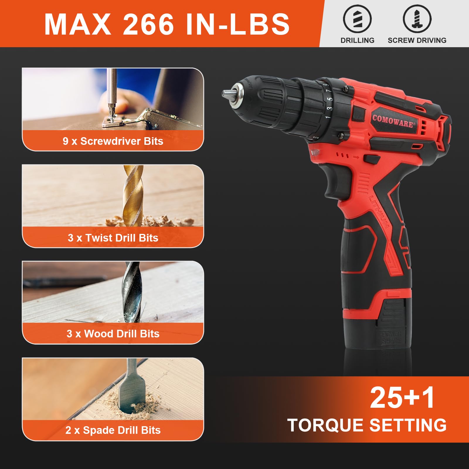 COMOWARE 16.8V Cordless Drill & 153-Piece Tool Kit Set - Professional Power Drill with Accessories for Home Repair, DIY Projects & Construction Work - Complete Household Tool Kit in Red Carrying Case