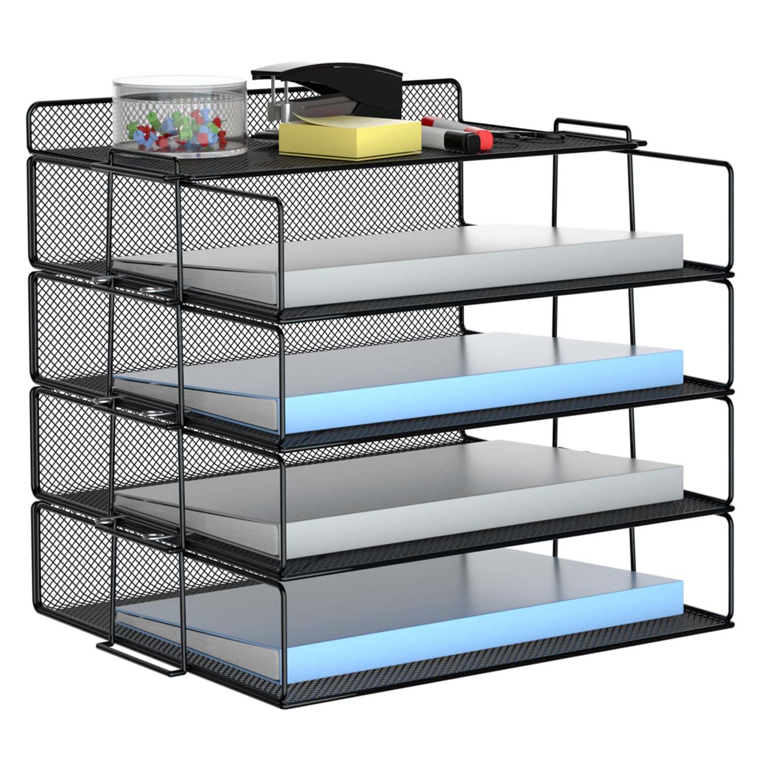 LUCYCAZ 4 Tier Stackable Mesh Desk Organizer - Black Paper File Tray for School, Home & Office - Perfect for Organizing Documents, Bills, and Office Supplies on Your Desktop or Workspace