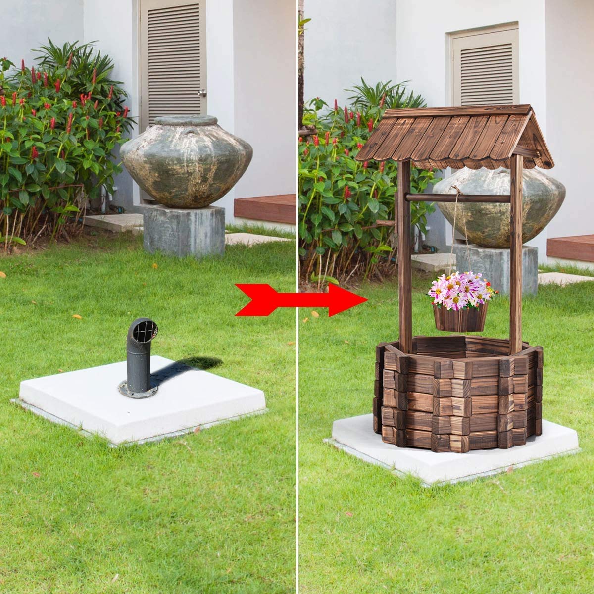 ReunionG Outdoor Wooden Wishing Well Planter with Hanging Flower Bucket - Rustic Garden Decor for Patio, Yard & Home - Perfect for Flowers, Herbs & Outdoor Decorating