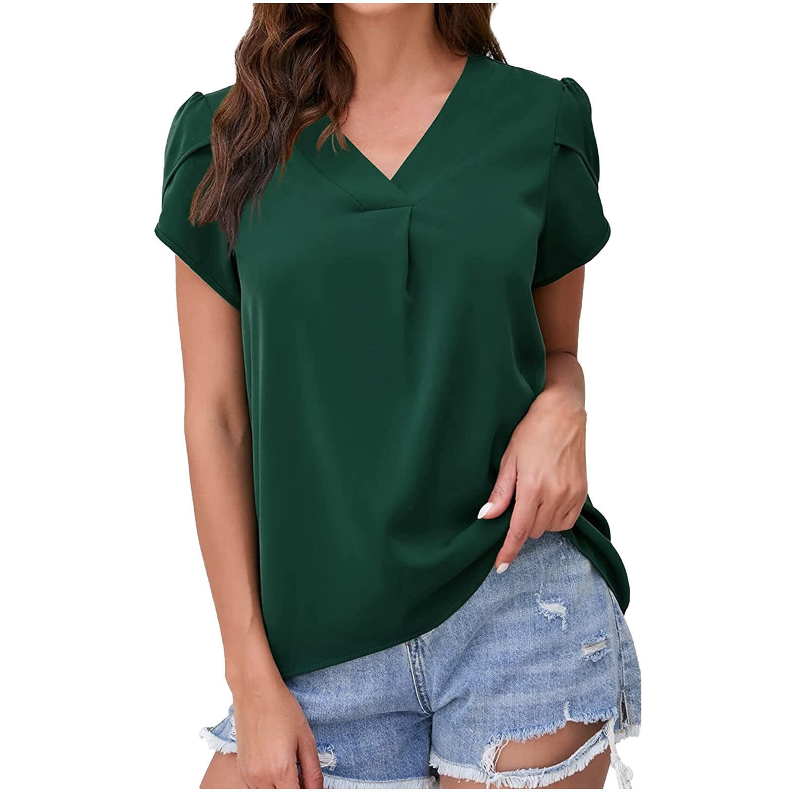 Elegant Women's Business Casual Puff Sleeve Tops - Solid Color Summer Blouse with V-Neck & Loose Tunic Fit | Perfect for Office Wear, Date Nights & Summer Outings