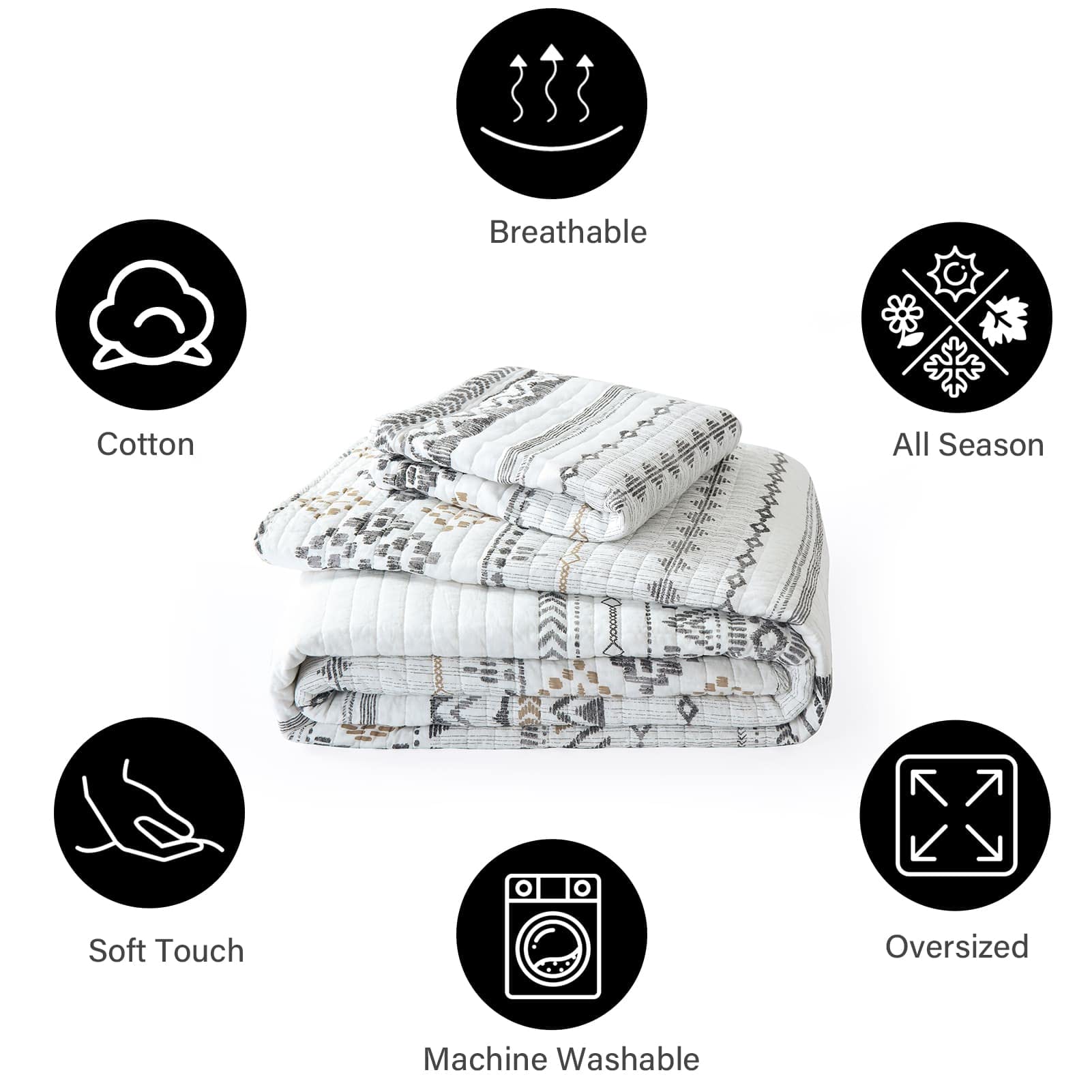 PANGUSHAN 100% Cotton Queen Size Quilt Set - Reversible Lightweight Boho Bedspread, White & Grey Striped Geometric Design, 3-Piece Bohemian Bedding for Comfort & Style | Perfect for Guest Rooms, Master Bedrooms & Cozy Home Decor