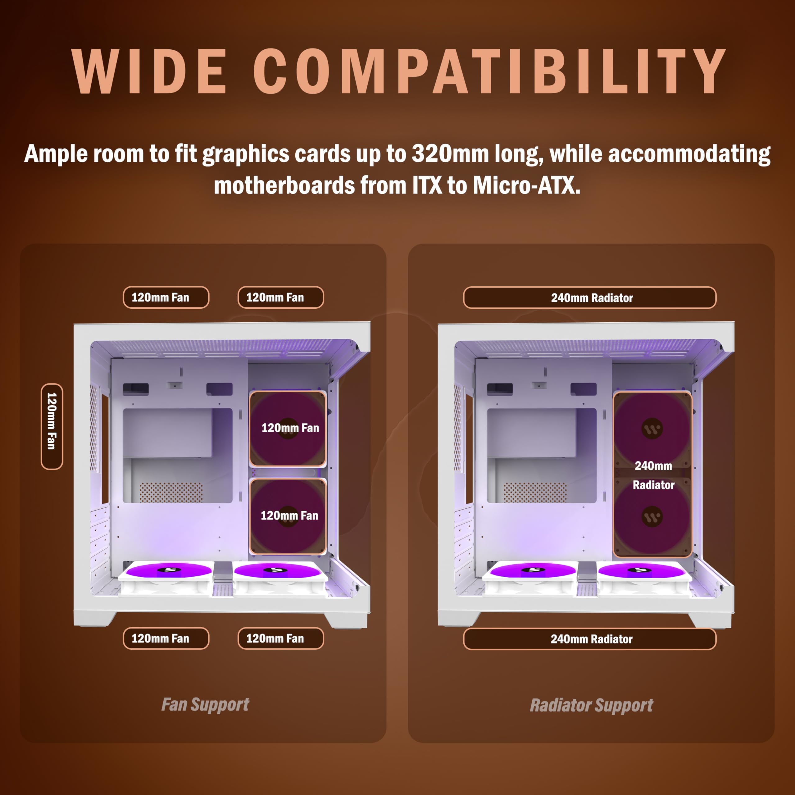 KEDIERS Micro ATX Tower PC Case - White Mini Gaming Computer Case with 4 PWM ARGB Fans & 2 Tempered Glass Panels | Perfect for Compact Gaming Setups & Home Office Workstations