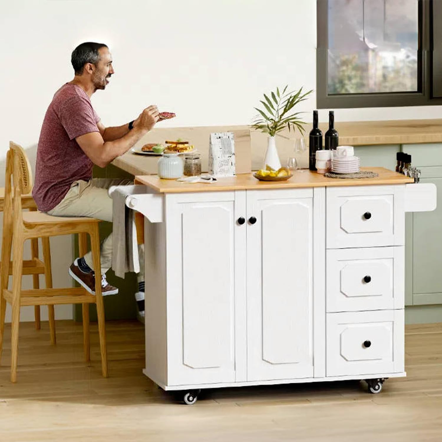 White Rolling Kitchen Island Cart with Drop Leaf, Storage Drawers & Spice Rack - Mobile Kitchen Organizer for Small Spaces, Dining Room & Apartment Cooking