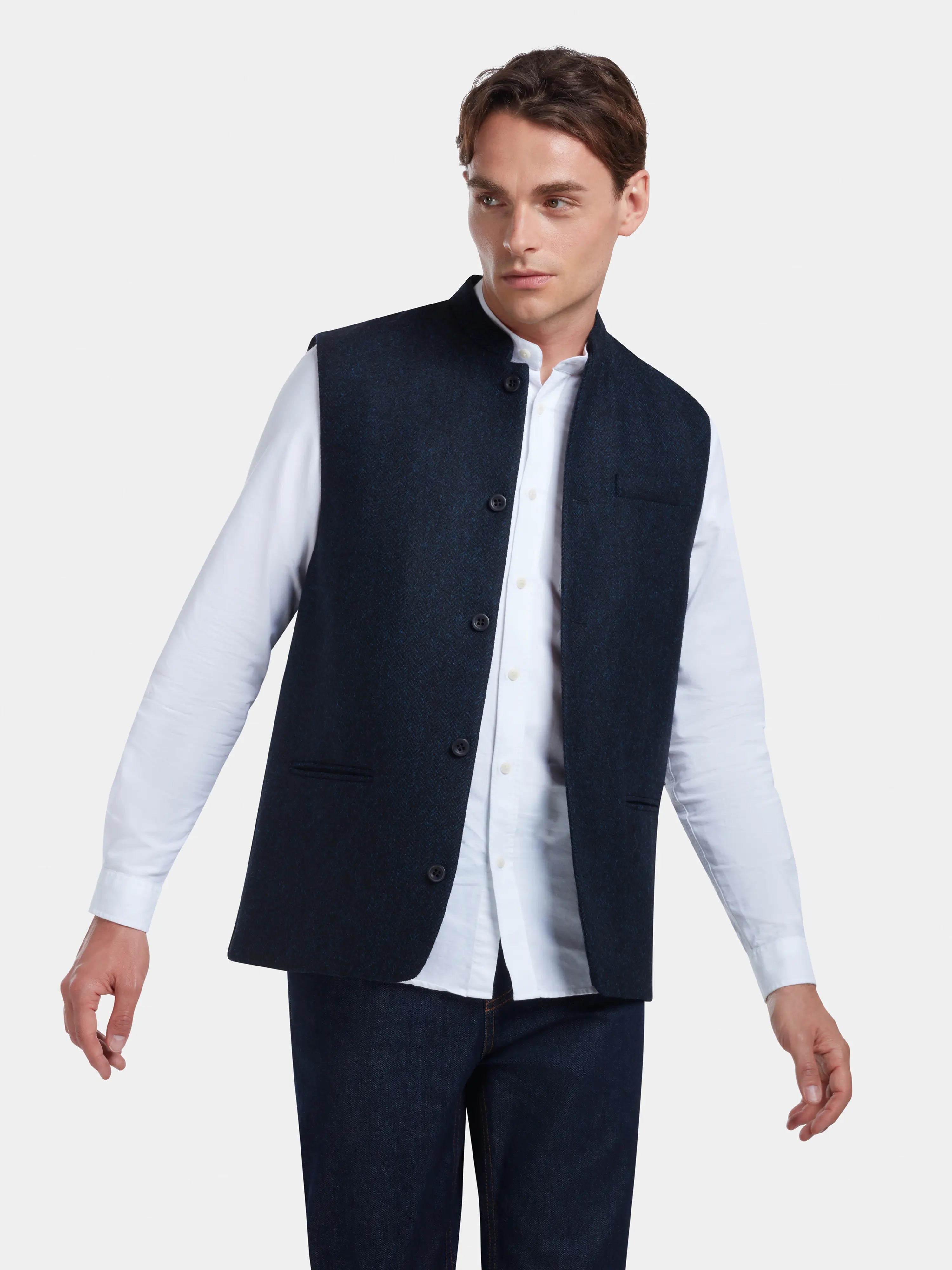 Midnight Herringbone Nehru Waistcoat for Men - Elegant Formal Vest with Slim Fit - Perfect for Weddings, Business Meetings & Special Occasions