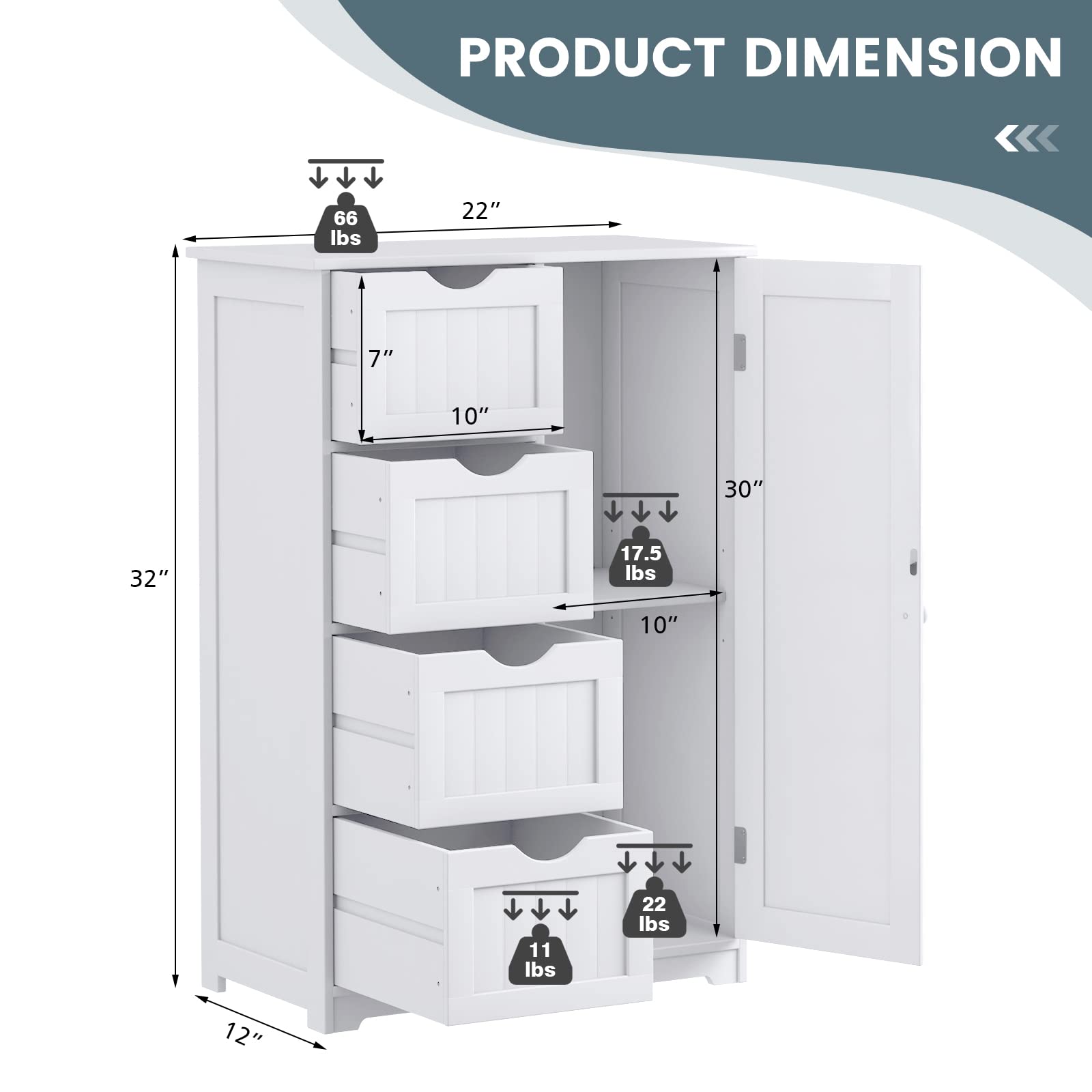 COSTWAY 4-Drawer Wooden Storage Cabinet with Adjustable Shelf - Modern Bathroom, Living Room, Kitchen & Entryway Organizer - White | Space-Saving Storage Solution for Towels, Toiletries & Home Essentials