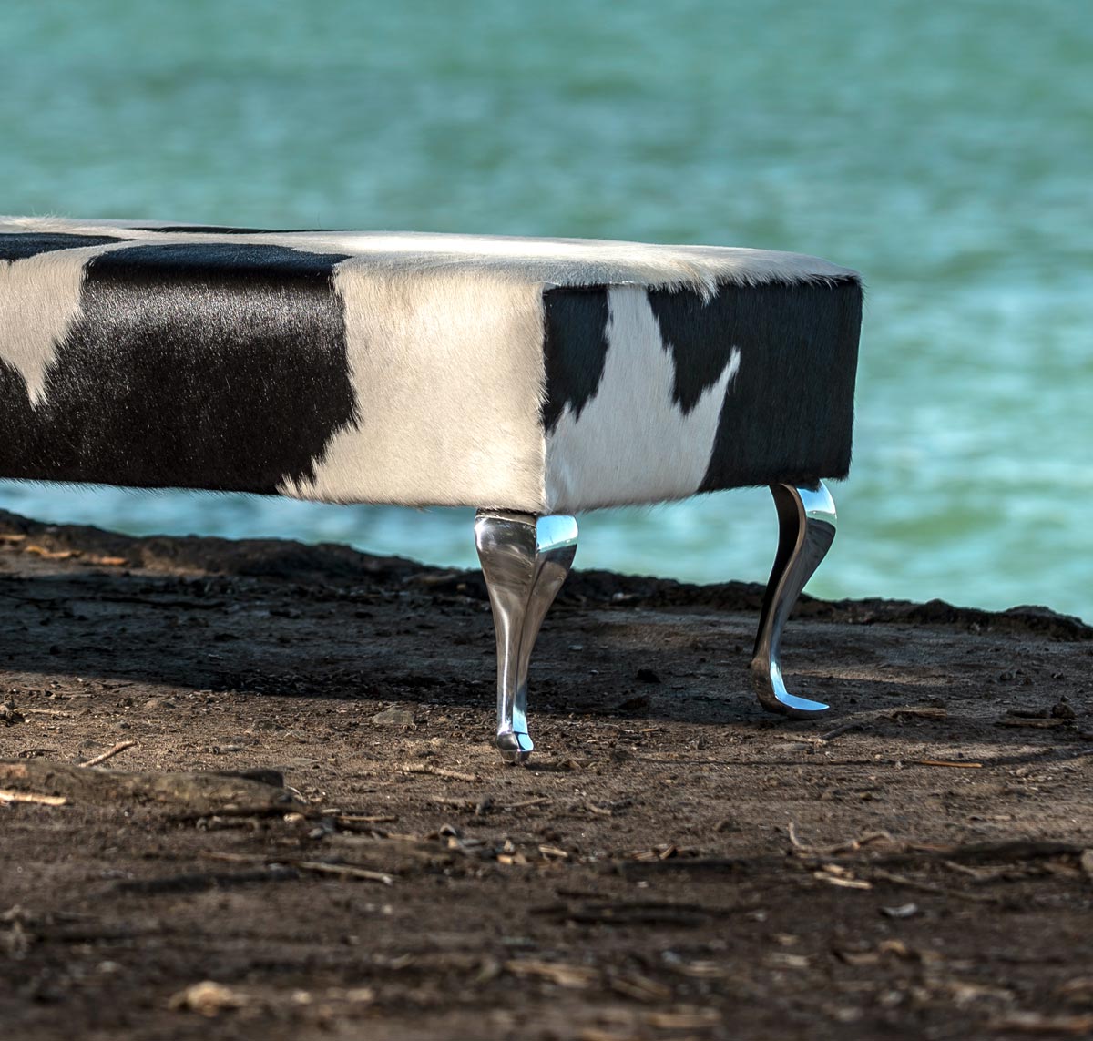 Premium Black and White Cowhide Ottoman with Queen Anne Legs - 63