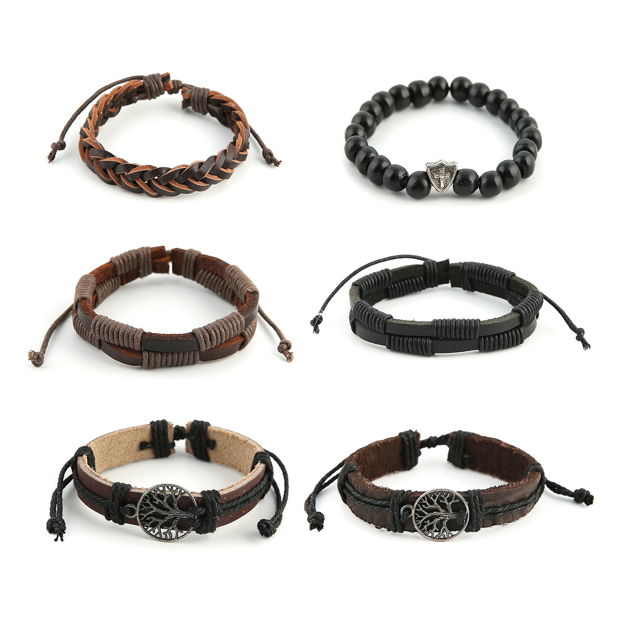HZMAN Genuine Leather Tree of Life Bracelet for Men & Women - Tiger Eye Natural Stone & Lava Rock Beads Elastic Ethnic Tribal Wristband - Perfect for Yoga, Meditation, Boho Fashion & Everyday Wear