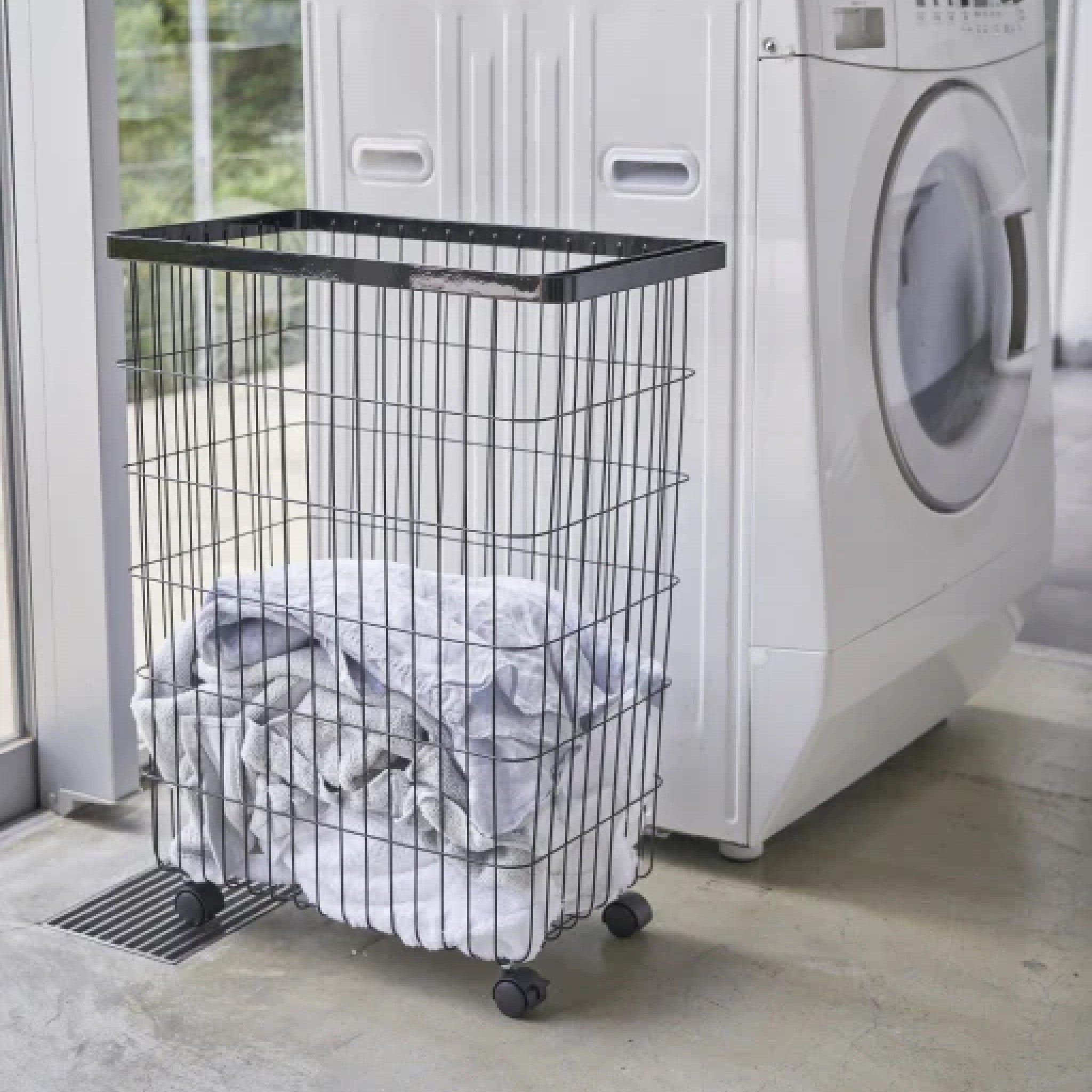 YAMAZAKI Rolling Laundry Basket with Wheels - Black | Space-Saving Storage for Bedroom, Bathroom & Laundry Room | Easy Mobility for Home Organization