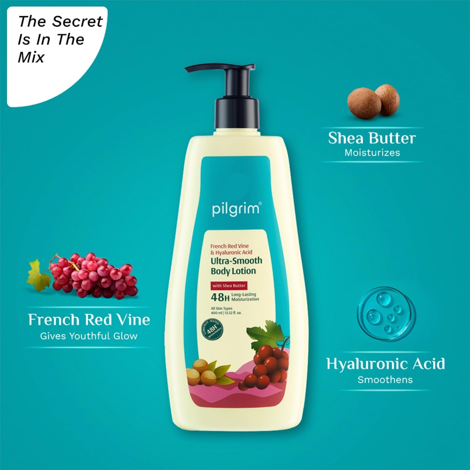Pilgrim French Red Vine & Hyaluronic Acid Ultra Smooth Body Lotion 400ml - 48H Deep Moisturizing Cream for Dry Skin in Winter - Shea Butter Enriched Hydrating Lotion for All Skin Types | Daily Skincare Routine & Post-Shower Moisturizer