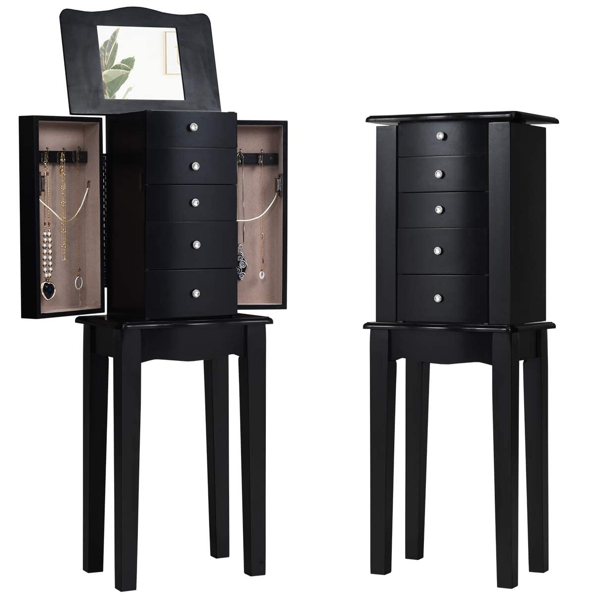 MAT EXPERT Jewelry Armoire with Mirror - 5-Drawer Standing Wooden Jewelry Organizer Cabinet with Flip Makeup Mirror for Rings, Necklaces & Bracelets - Black Jewelry Storage for Bedroom, Closet & Dressing Room