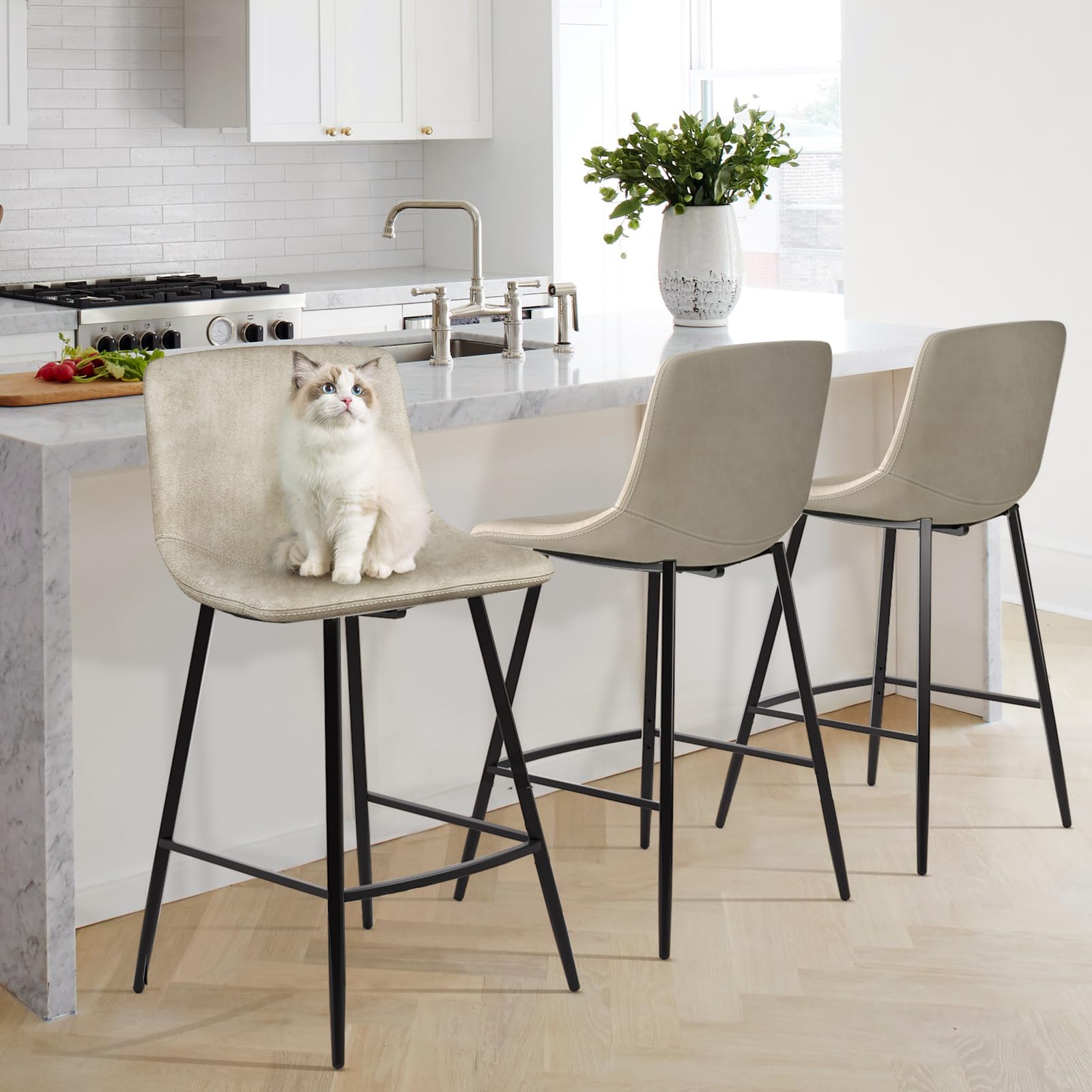 5Rcom Set of 3 600 lbs Capacity Counter Height Bar Stools - 24 Inch Leatherette Bar Stools with Back Support & Sturdy Metal Legs - Perfect for Kitchen Island, Dining Room, Party Room & Restaurant (Beige) | Modern Seating Solution for Home Bars, Breakfast Nooks & Commercial Spaces