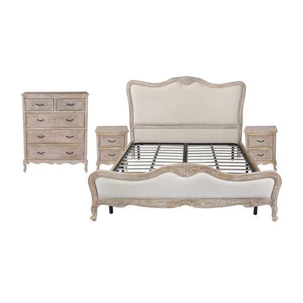 Bedzy Luxe 4-Piece Queen Bedroom Suite Set - White Washed Finish | Complete Bedroom Furniture Package for Master Bedroom or Guest Room