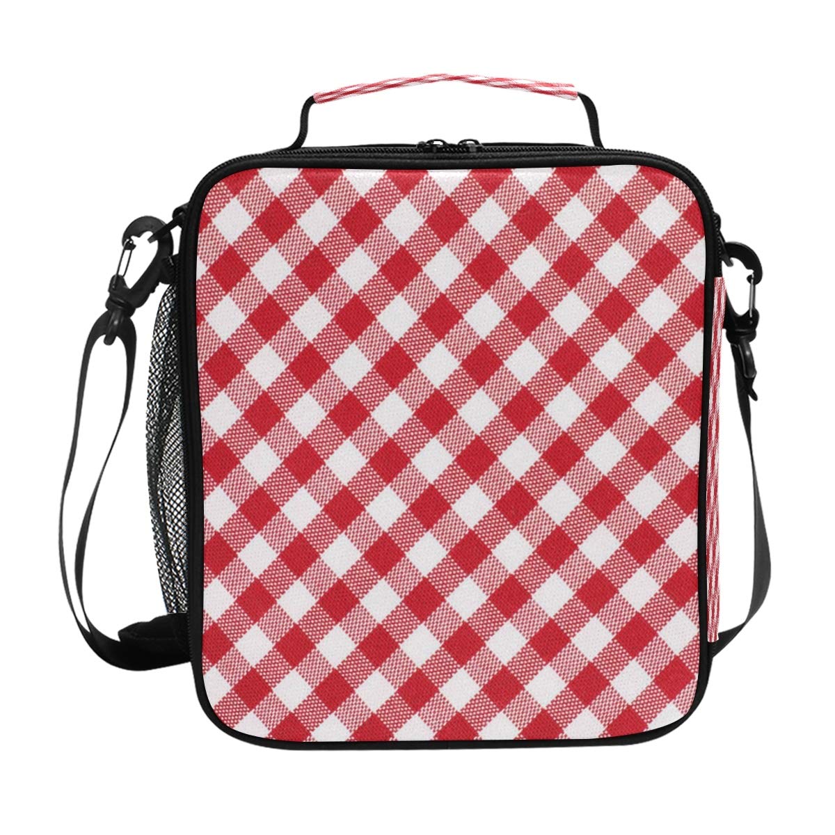 **Insulated Lunch Box Bag - Red & White Square Checkered Thermal Cooler Tote with Shoulder Strap | Portable Food Container for Women | Perfect for Office, School, Picnic & Travel**