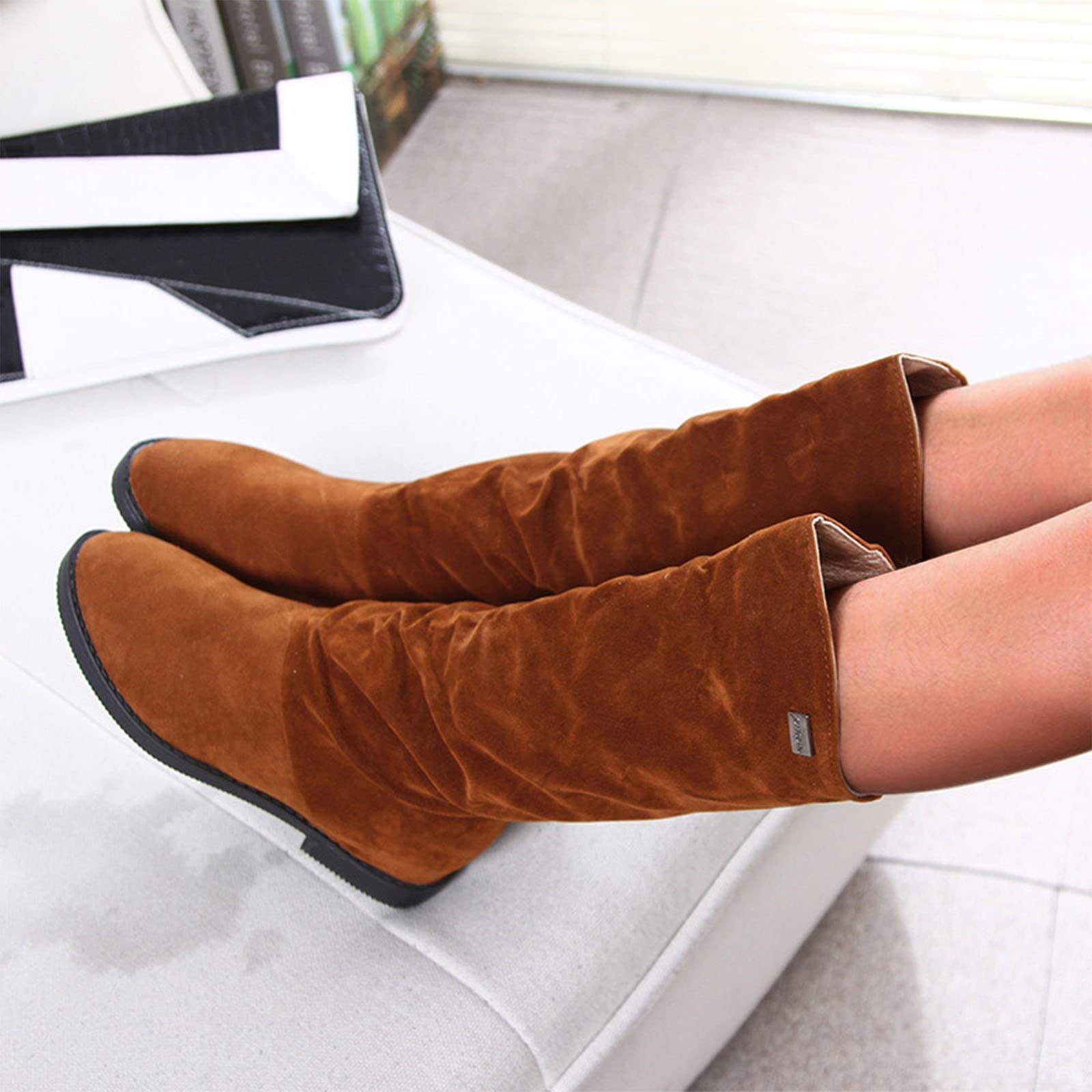 POTTON Women's Mid-Calf Suede Boots - Brown Size 8 - Gothic Ankle Booties for Work, Hiking & Casual Outfits | Comfortable & Stylish Winter Footwear for Women