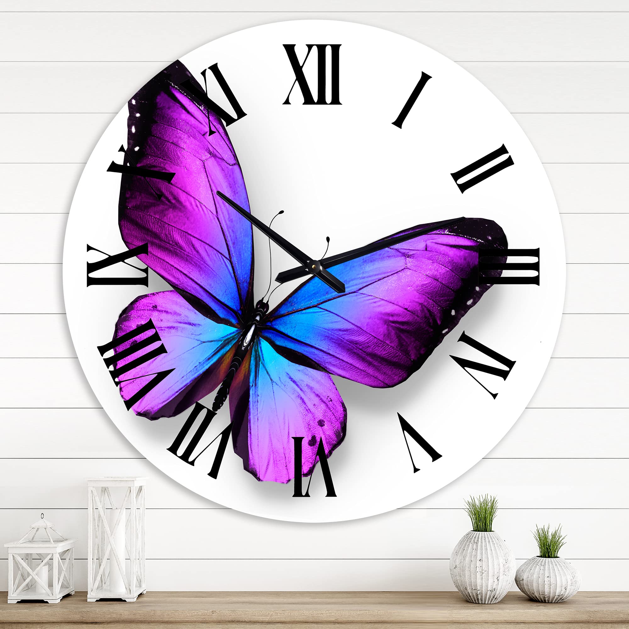 DesignQ Modern Wall Clock 'Violet and Blue Butterfly' - Large Decorative Wall Clock for Kitchen, Living Room, Bedroom - Silent Non-Ticking Battery Operated Clock for Home & Office Decor