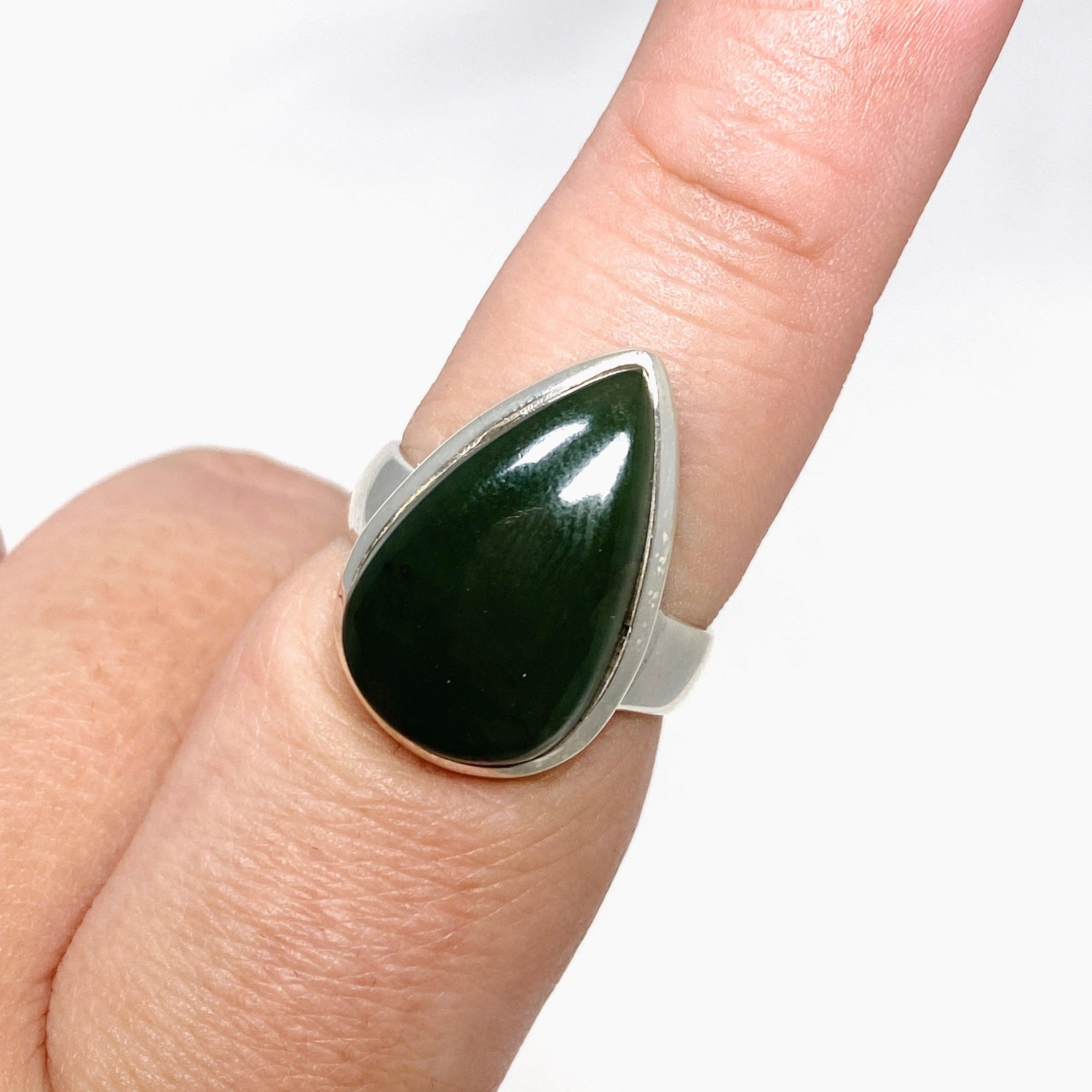 Natural Siberian Jade Nephrite Teardrop Ring - Size 8.5 - Elegant Handmade Jewelry for Women - Perfect for Weddings, Parties & Special Occasions