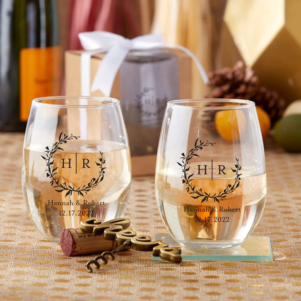 Kate Aspen Personalized Monogram 9 oz. Stemless Wine Glass - 96pcs Navy Blue - Custom Wedding Favors, Bridal Shower Party Gifts with Engraved Text - Perfect for Anniversary Celebrations, Bachelorette Parties & Couples Gifts