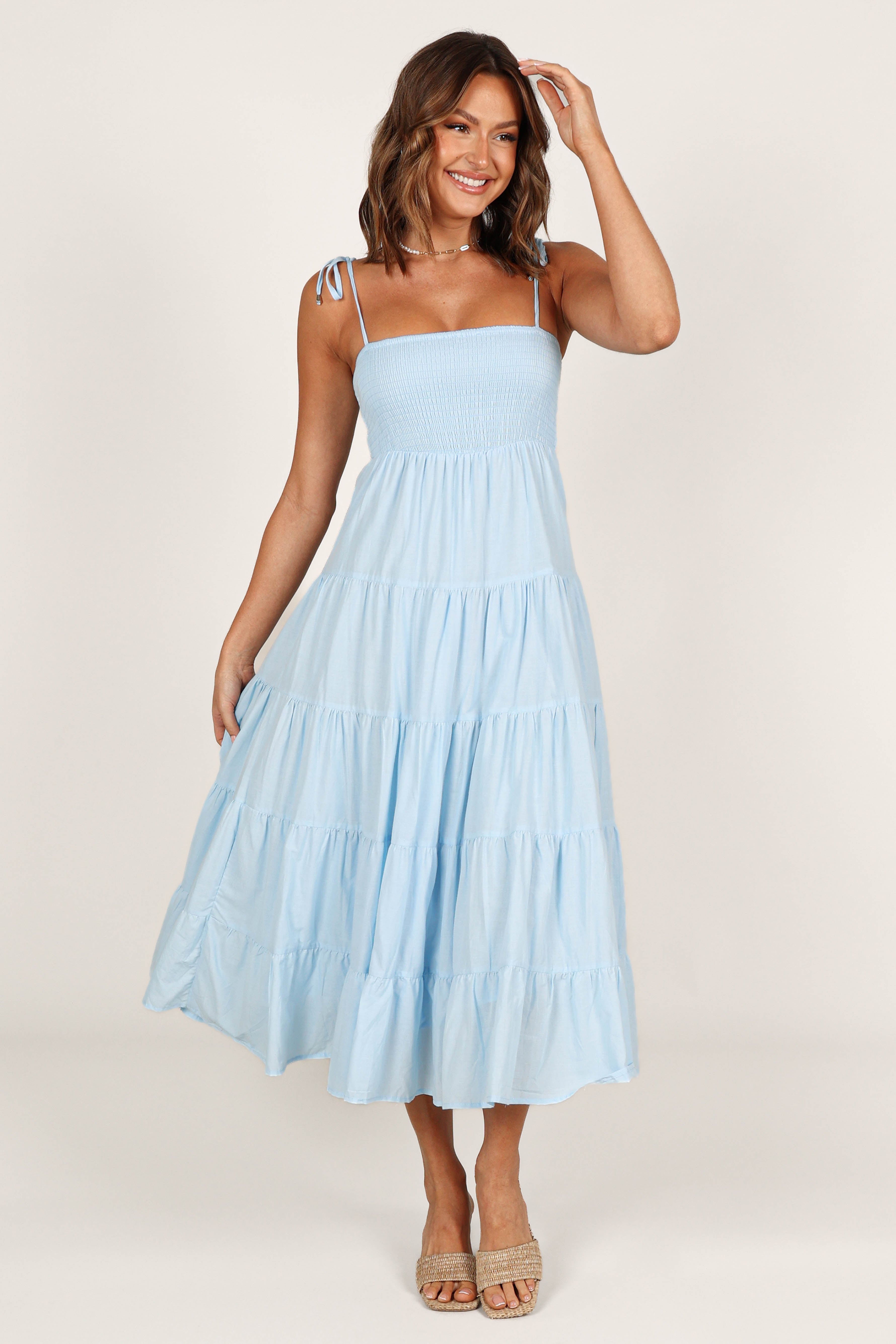 Carrol Shirred Bodice Maxi Dress in Blue | Flowy Summer Beach Dress for Women | Perfect for Vacations, Weddings & Date Nights