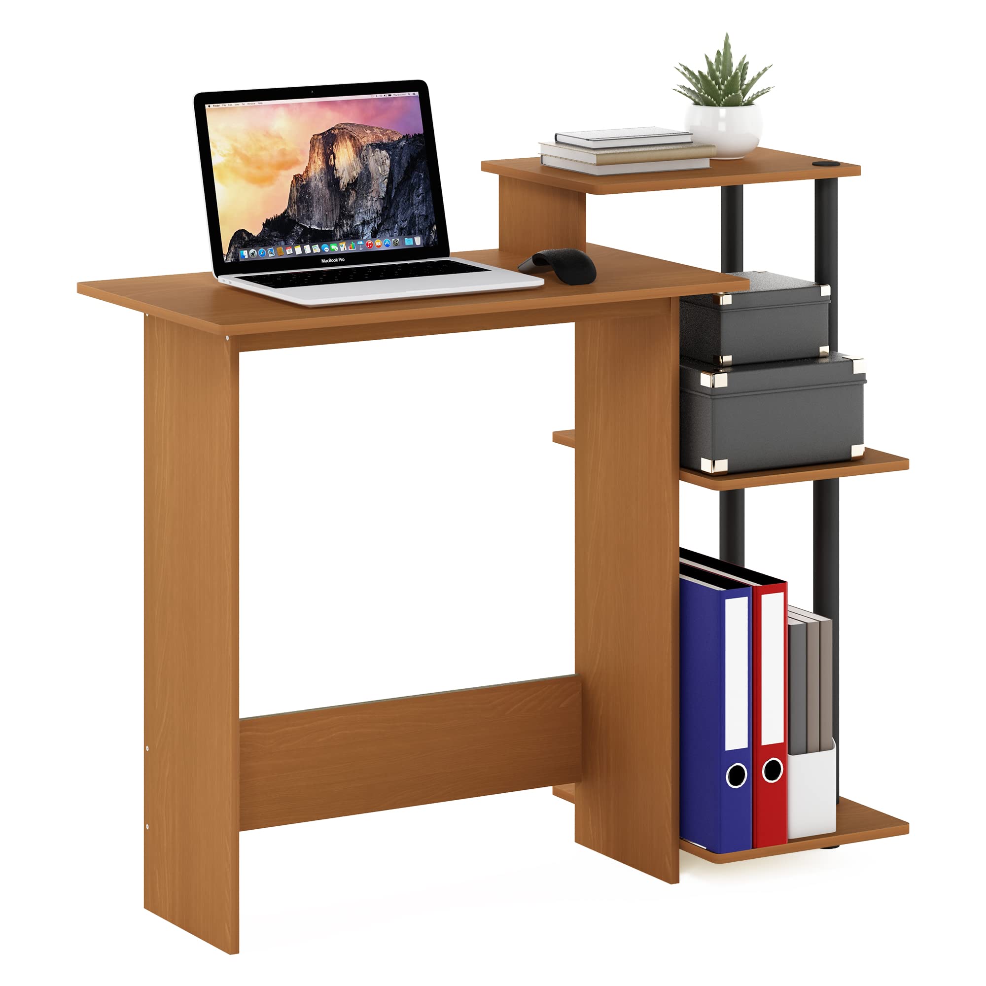 Furinno Efficient Home Office Laptop Desk with Square Shelves - Light Cherry/Black | Compact Computer Workstation for Small Spaces, Dorm Rooms & Home Offices