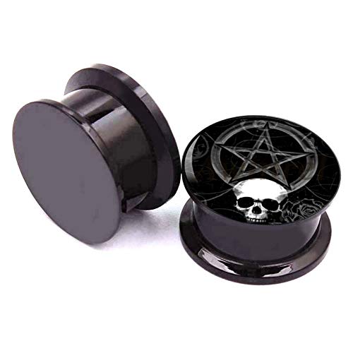 Skull & Pentagram Screw-On Acrylic Ear Gauges - 10 Size Options for Stretching - Gothic Punk Jewelry for Concerts & Alternative Fashion