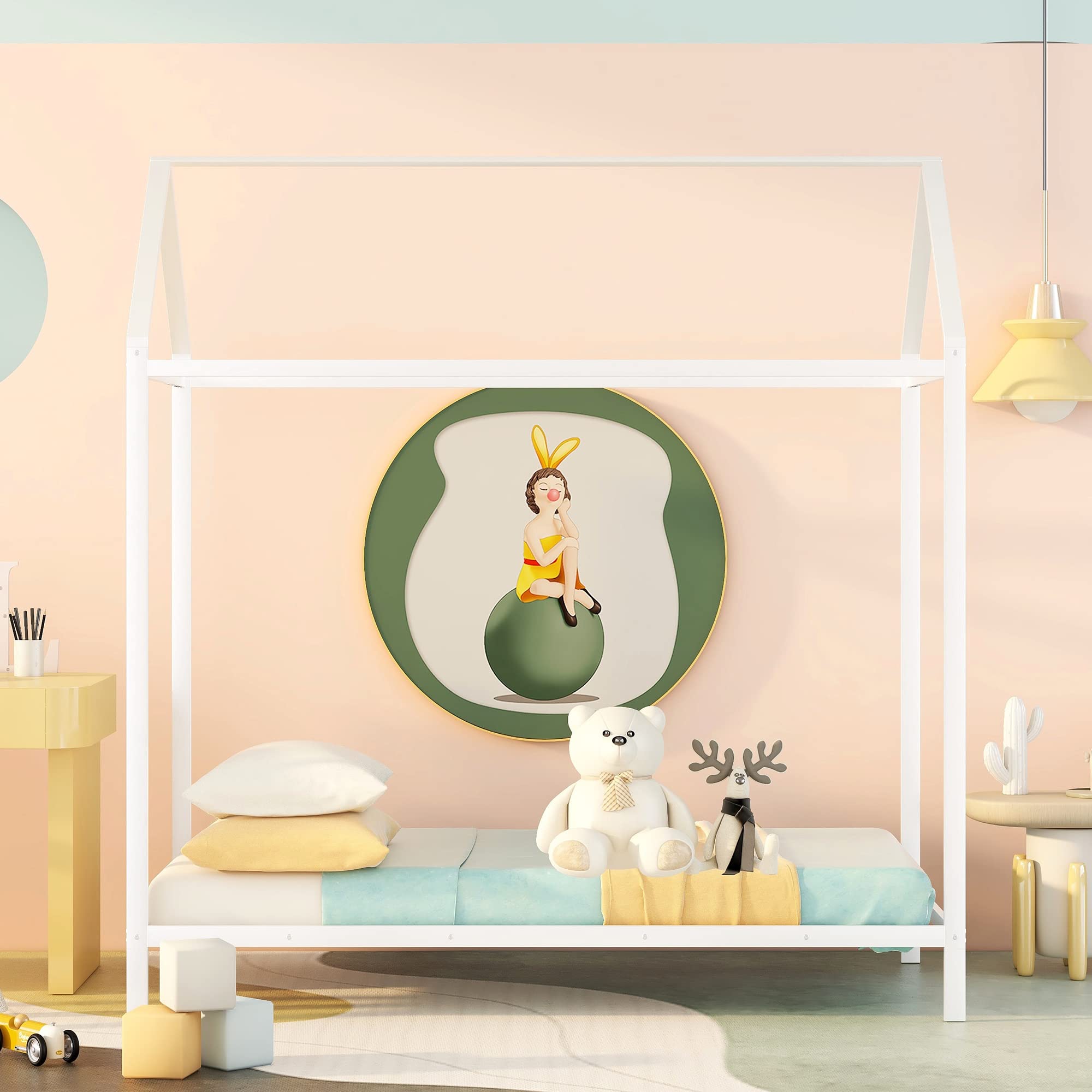 Montessori Twin Metal House Bed for Kids - White Floor Bed Frame with Roof for Boys & Girls - No Box Spring Needed - Perfect for Children's Bedroom & Playroom Decor