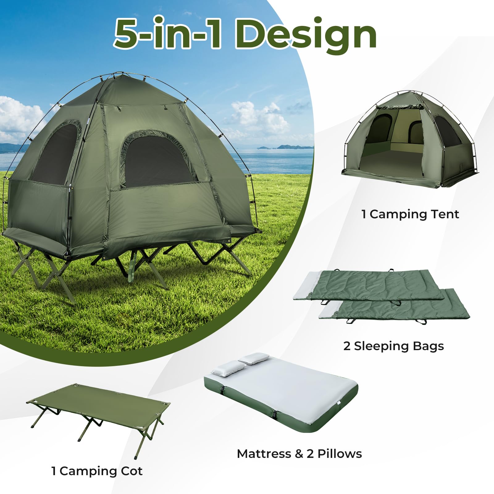 GYMAX 5-in-1 Folding Tent Cot with Mattress & Pillows - Portable Elevated Camping Bed with Sunshade and Carrying Bag - Perfect for Outdoor Adventures, Hiking, Fishing, Picnics and Backyard Camping