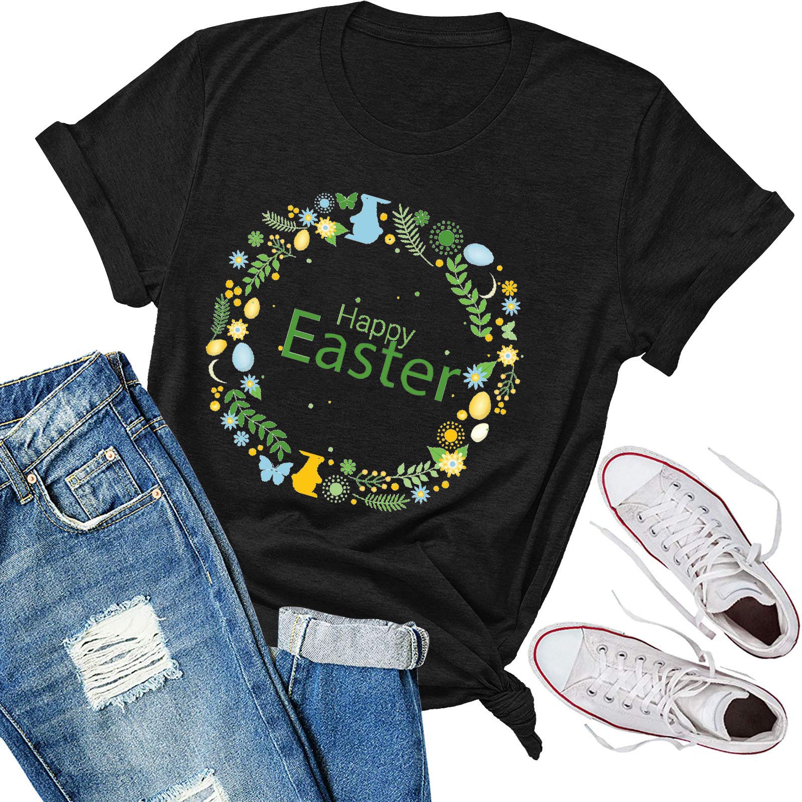 Women's Loose Fit Printed Blouse - Flowy Short Sleeve O-Neck T-Shirt for Casual Wear, Spring Outfits & Easter Celebrations