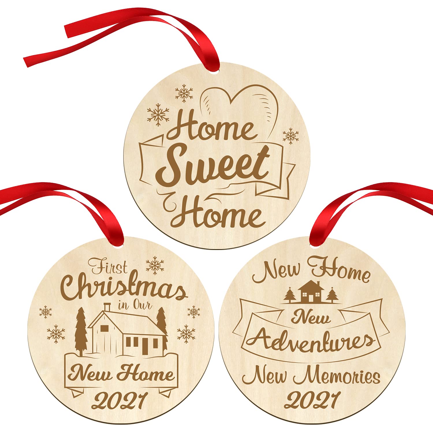 Set of 3 First Christmas in New Home Ornaments 2021 - Our First Home Keepsake & Sweet Home Holiday Decor - Perfect Housewarming Gifts for Newlyweds & New Homeowners - Ideal for Christmas Tree Decorating & First Holiday Celebrations