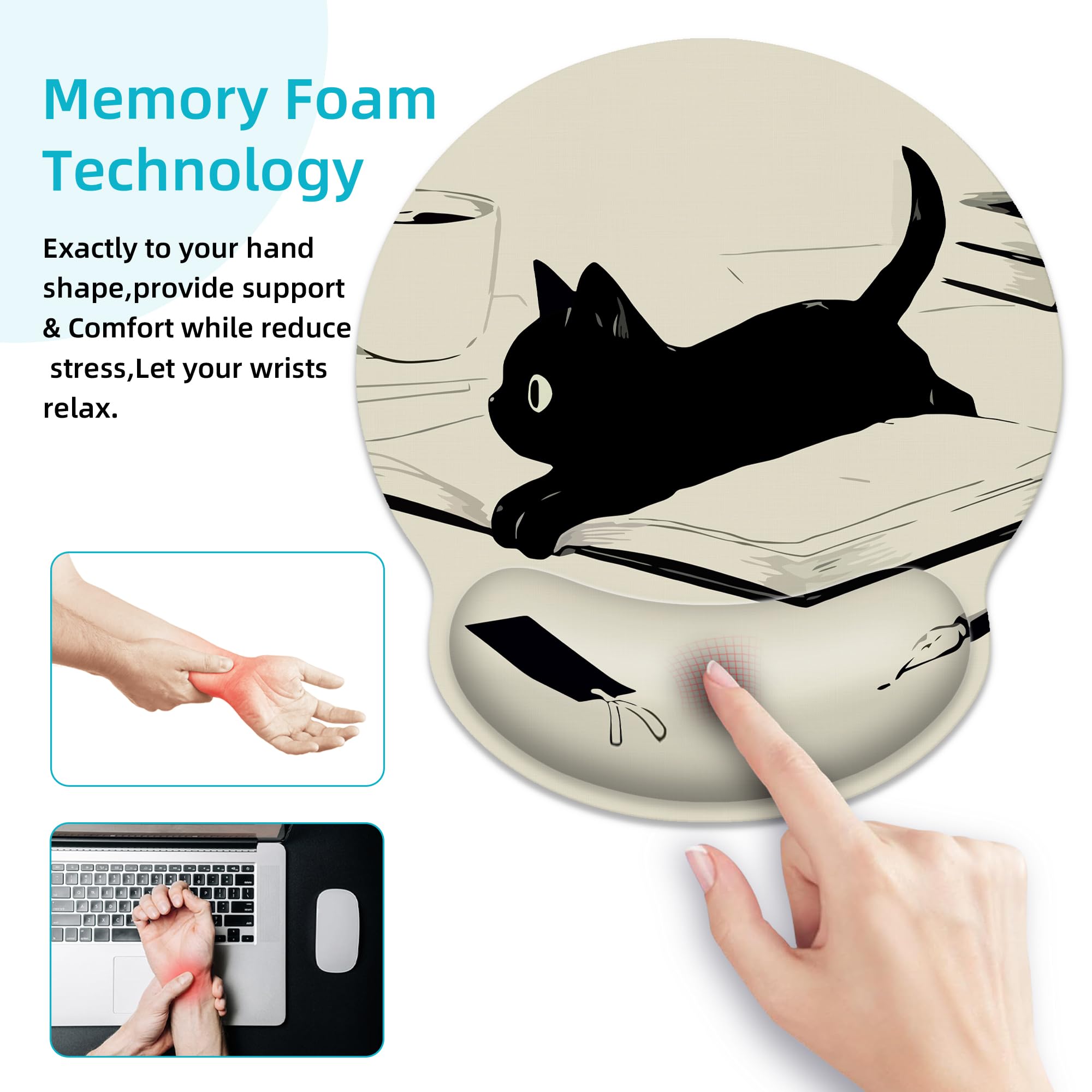 Ergonomic Mouse Pad with Wrist Support - Cute Anime Black Cat Design, Non-Slip Rubber Base for Pain Relief - Perfect for Office, Home, Gaming & Computer Use