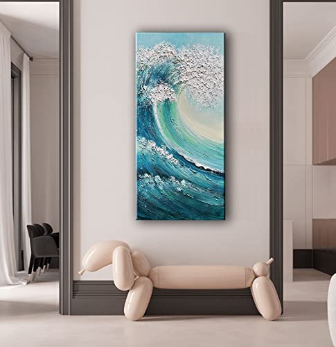 JELRINR Large Ocean Waves Canvas Wall Art - Hand Painted Seascape Acrylic Painting, Modern Abstract Texture for Living Room & Bedroom Decor (24x48 Inches) | Perfect Coastal Theme Home Decoration & Office Wall Decor