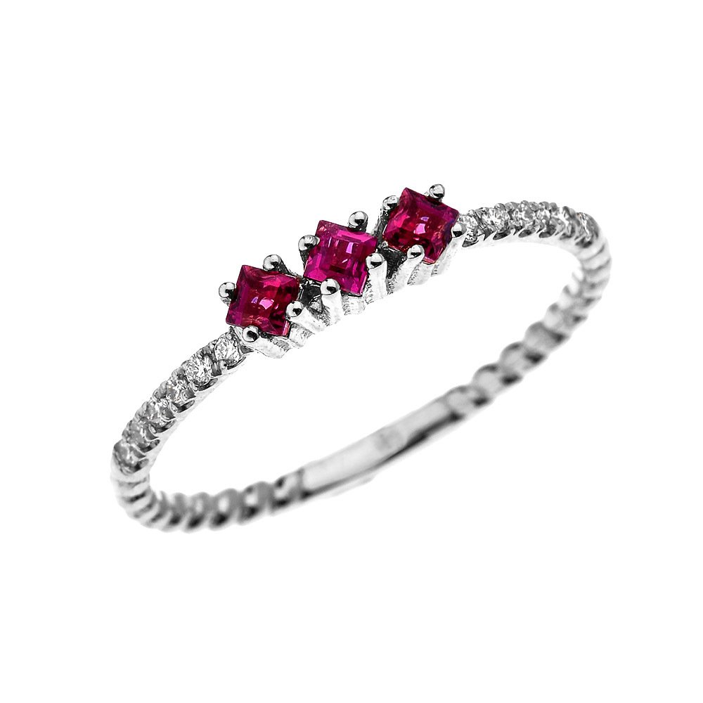 14K White Gold Three Stone Princess Cut Ruby and Diamond Dainty Rope Design Ring for Engagement, Wedding, Anniversary & Special Occasions