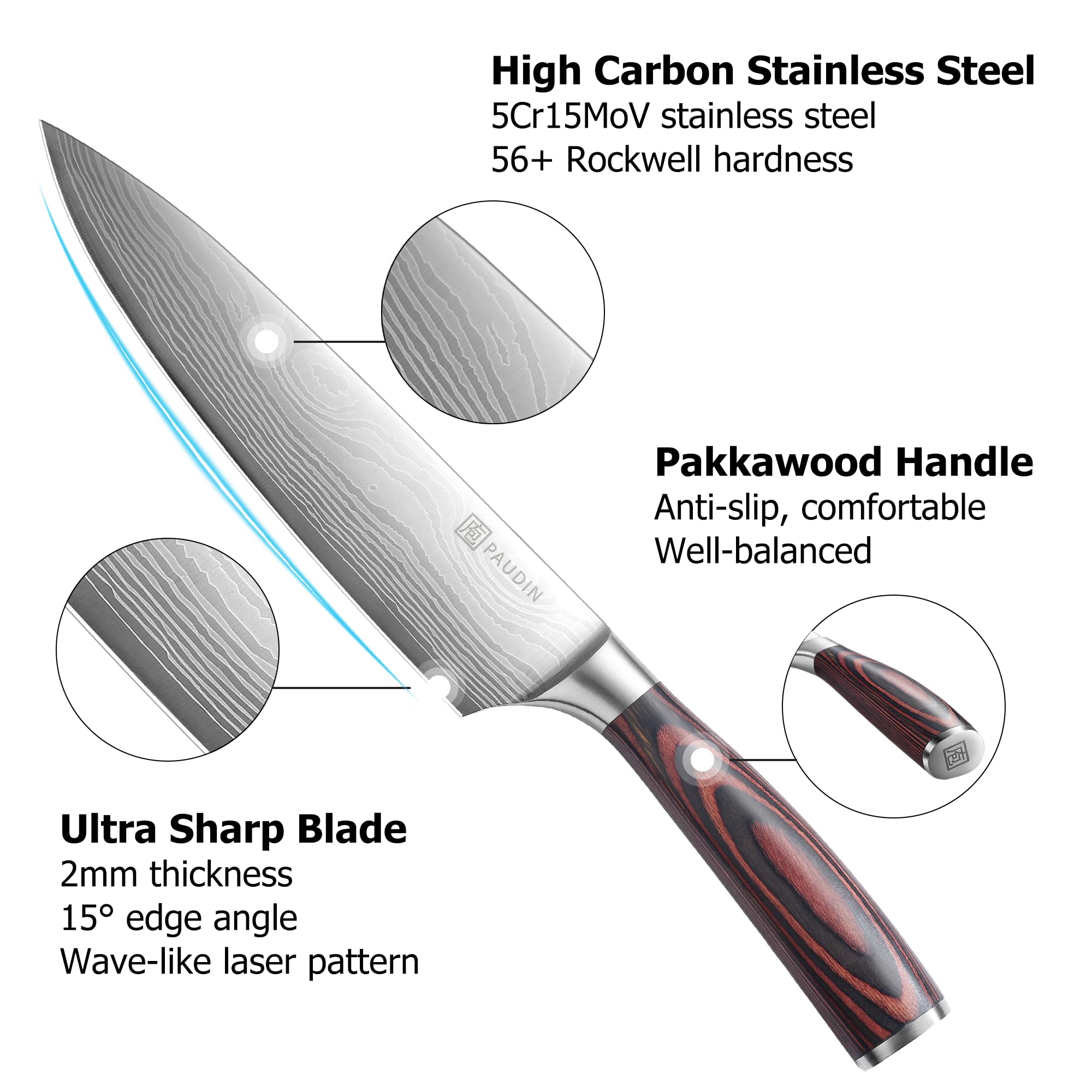 PAUDIN 3-Piece Professional Chef Knife Set - High Carbon Stainless Steel Kitchen Knives with Ultra Sharp Blades & Ergonomic Wooden Handle - Perfect for Home Cooking, Restaurant Use & Culinary Gifts