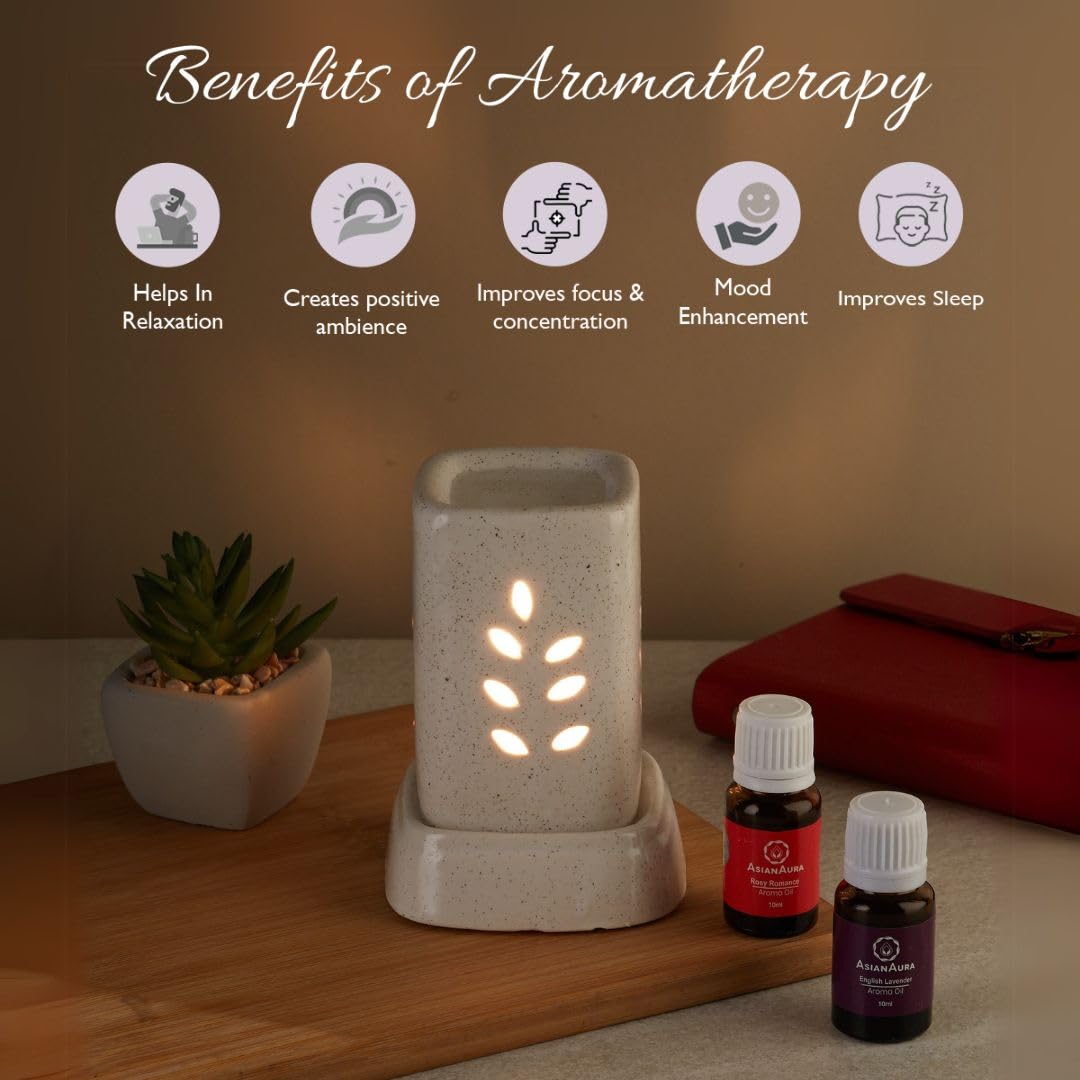 ASIAN AURA White Ceramic Electric Aroma Diffuser & Essential Oil Burner - 8x11.5cm Home Spa Relaxation, Yoga Meditation, Bedroom & Office Aromatherapy