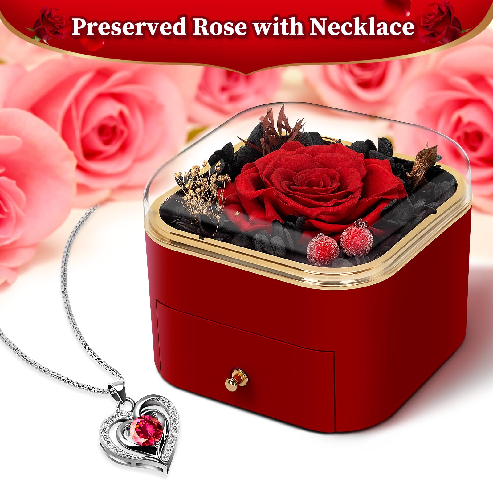 Real Preserved Rose Heart Necklace - Romantic Eternal Flower Jewelry Gift for Women, Girlfriend, Wife, Mom, Grandma - Birthday, Anniversary, Christmas Present (Red) - Perfect for Special Occasions & Keepsake Memories