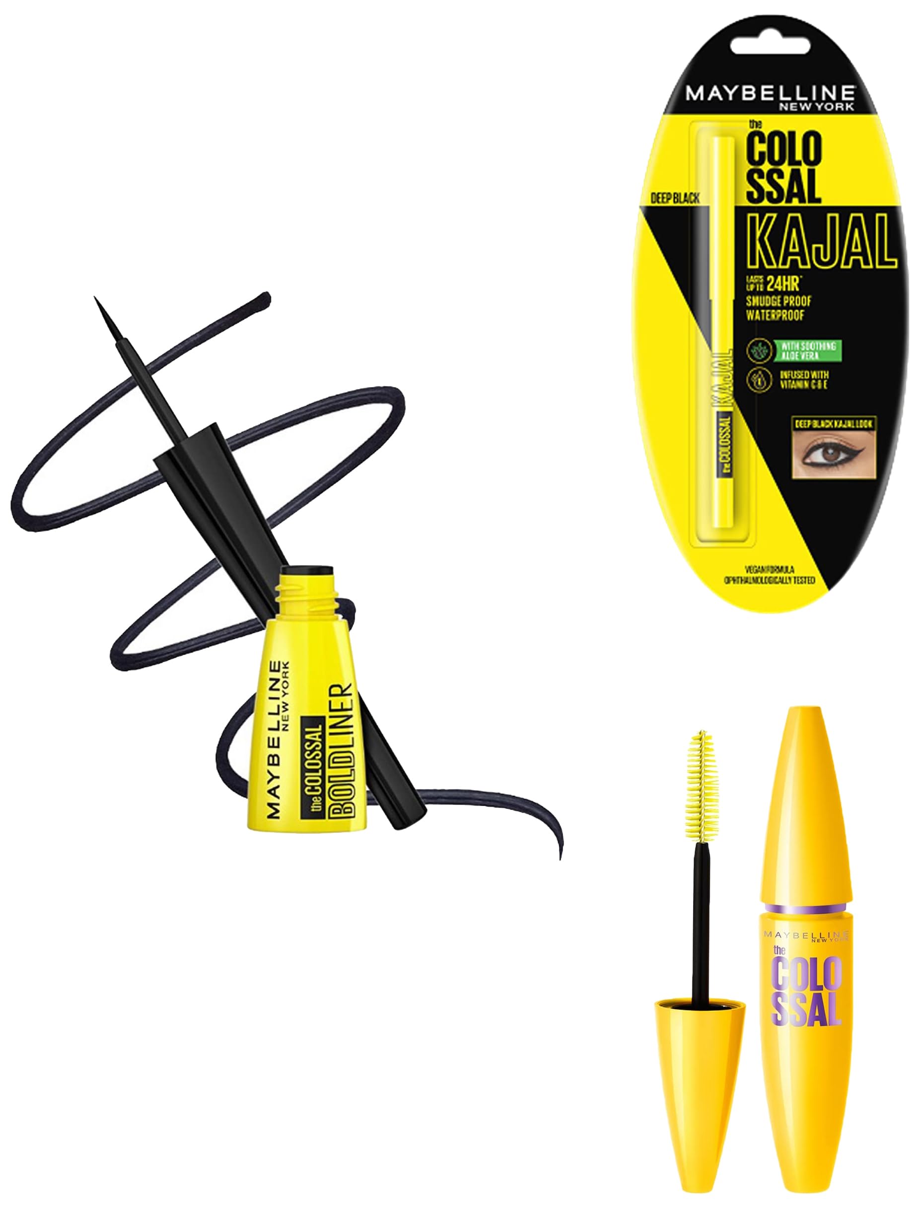 Maybelline New York Colossal Kajal Eyeliner (Black, 0.35g) + Bold Eyeliner (Black, 3g) + Volume Express Washable Mascara (Glam Black, 10.7ml) - 3-Piece Eye Makeup Set for Dramatic Smoky Eyes & Everyday Glam Looks