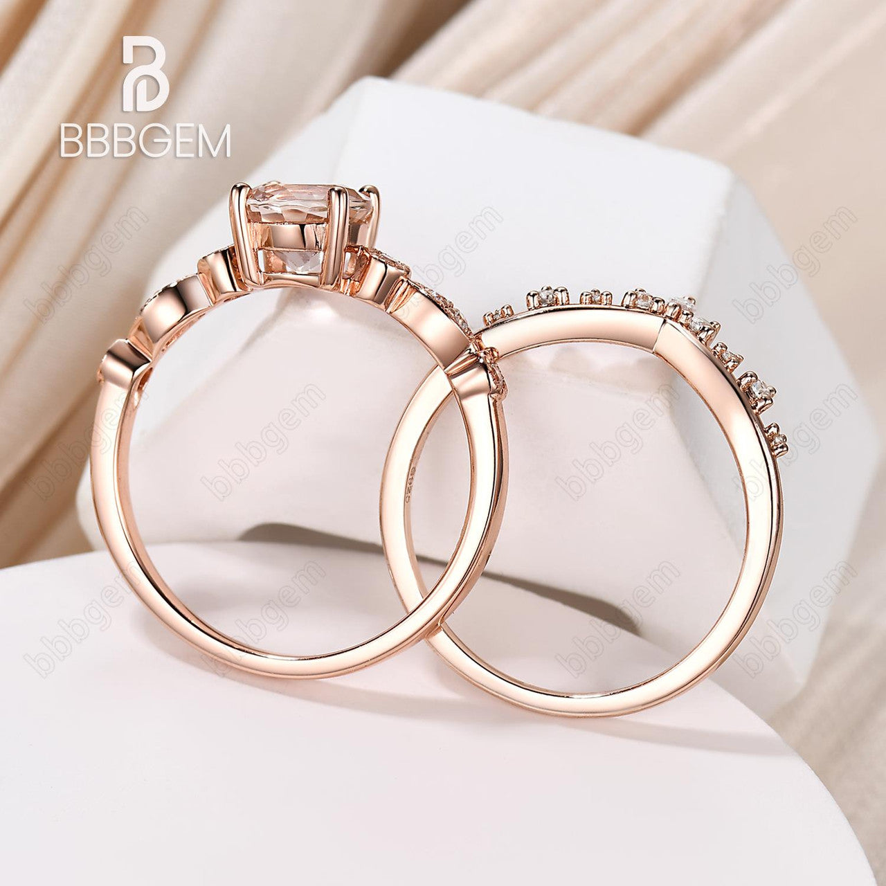 6.5mm Round Natural Morganite Engagement Ring Set in 14k Rose Gold with Curved Diamond Stacking Band – Vintage Inspired Bridal Jewelry for Weddings, Anniversaries & Romantic Occasions
