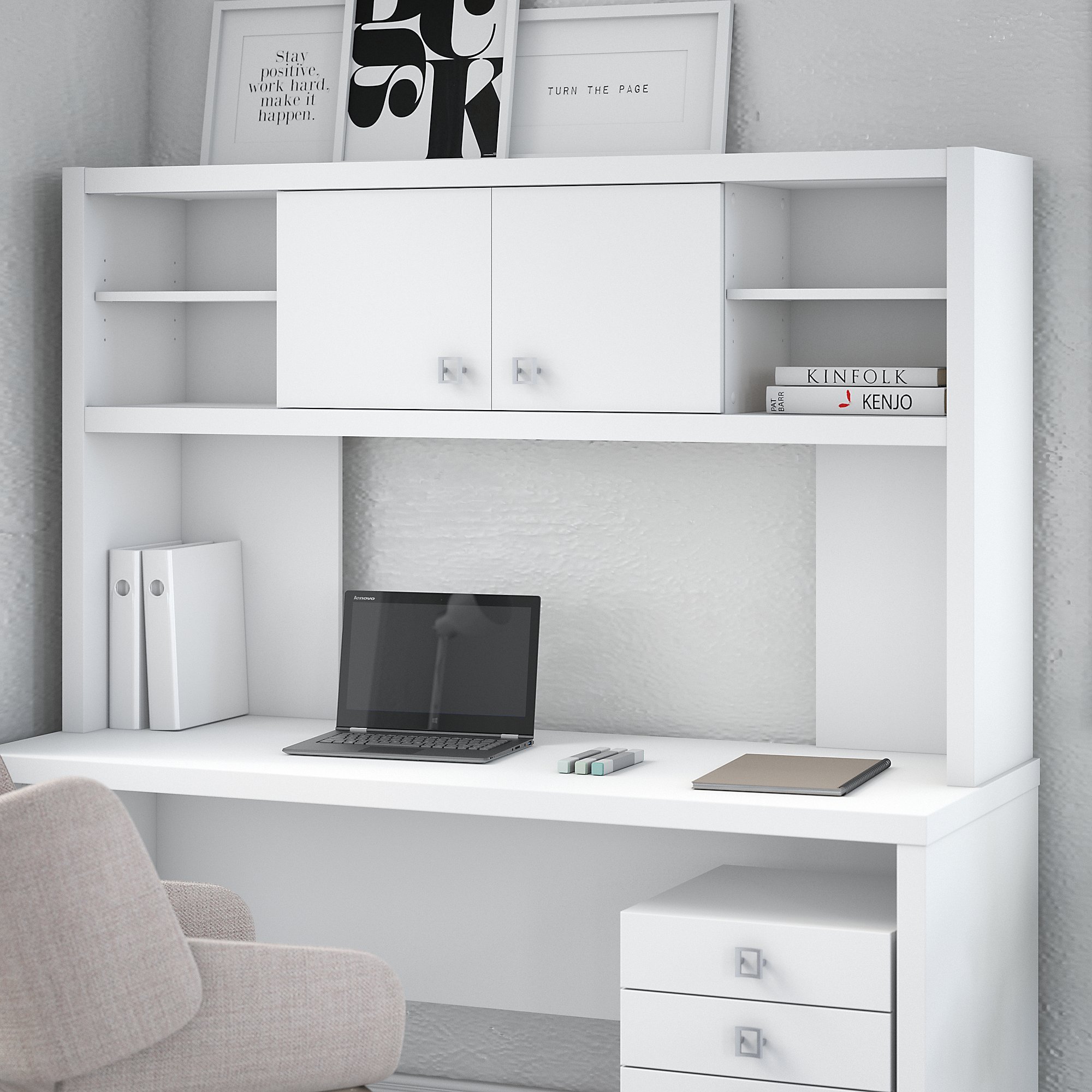 Bush Business Furniture Echo 60W Hutch in Pure White - Modern Office Desk Organizer with Storage for Home & Workspace
