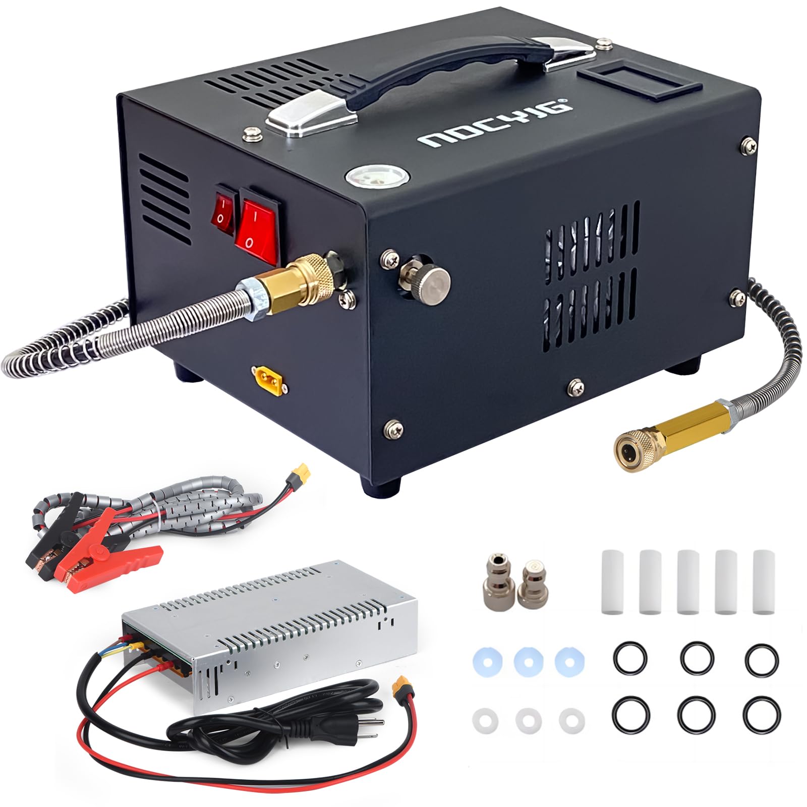 4500PSI Portable PCP Air Compressor - 12V DC/110V AC Dual Power with Auto-Stop - Built-in Cooling Fan & External Power Adapter - Perfect for PCP Air Rifles, Paintball Guns & Scuba Tanks - Great for Hunting, Target Shooting & Outdoor Sports