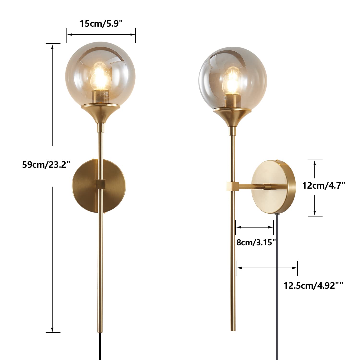 Modern Plug-in Wall Sconces Set of 2 - Smoke Gray Glass Globe Mid-Century Industrial Gold Wall Lights with On/Off Switch & Long Arm - Perfect for Bedroom, Stairway, Hallway & Living Room Lighting