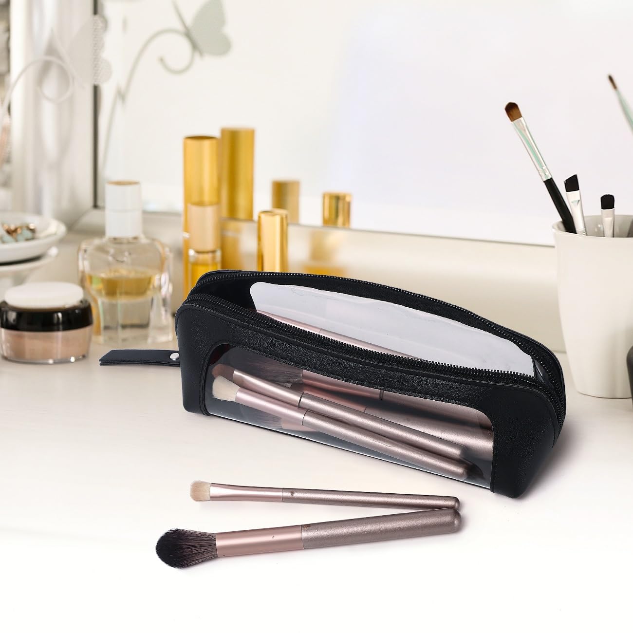 Clear Makeup Bag with Zipper - Portable Transparent Travel Cosmetic Organizer for Women | Waterproof Toiletry Pouch for Brushes, Makeup & Skincare | Perfect for Travel, Gym & Daily Use (H/Black, Slim+)