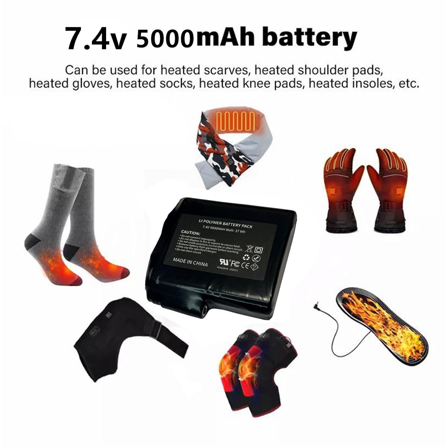 7.4V 2200mAh/3500mAh/5000mAh Rechargeable Li-Polymer Battery for Heated Gloves, Mittens & Socks - Long Lasting Power for Winter Sports, Skiing & Outdoor Activities (5000mAh Option)